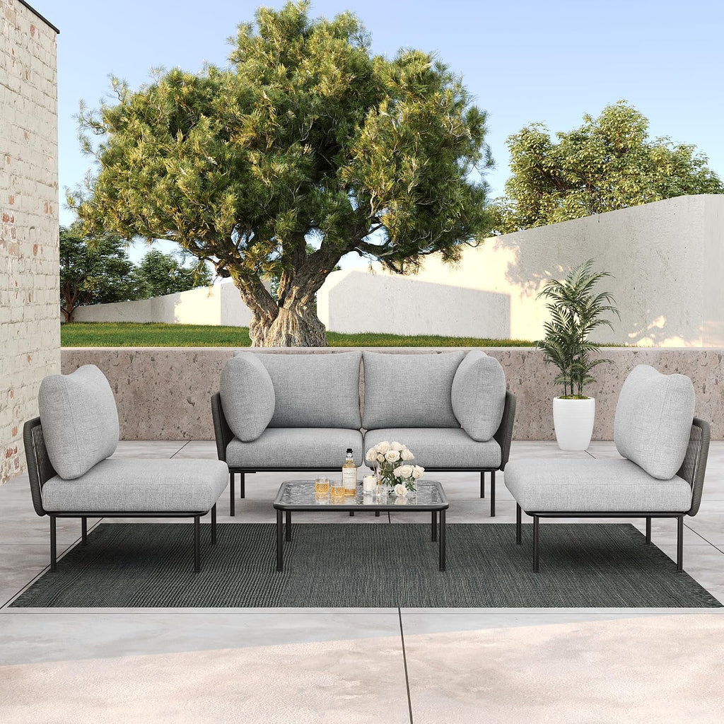 LayinSun 5 Pieces Aluminum Patio Furniture Set, Modern Modular Sectional Sofa with Coffee Table and Upgrade Thickness Cushion