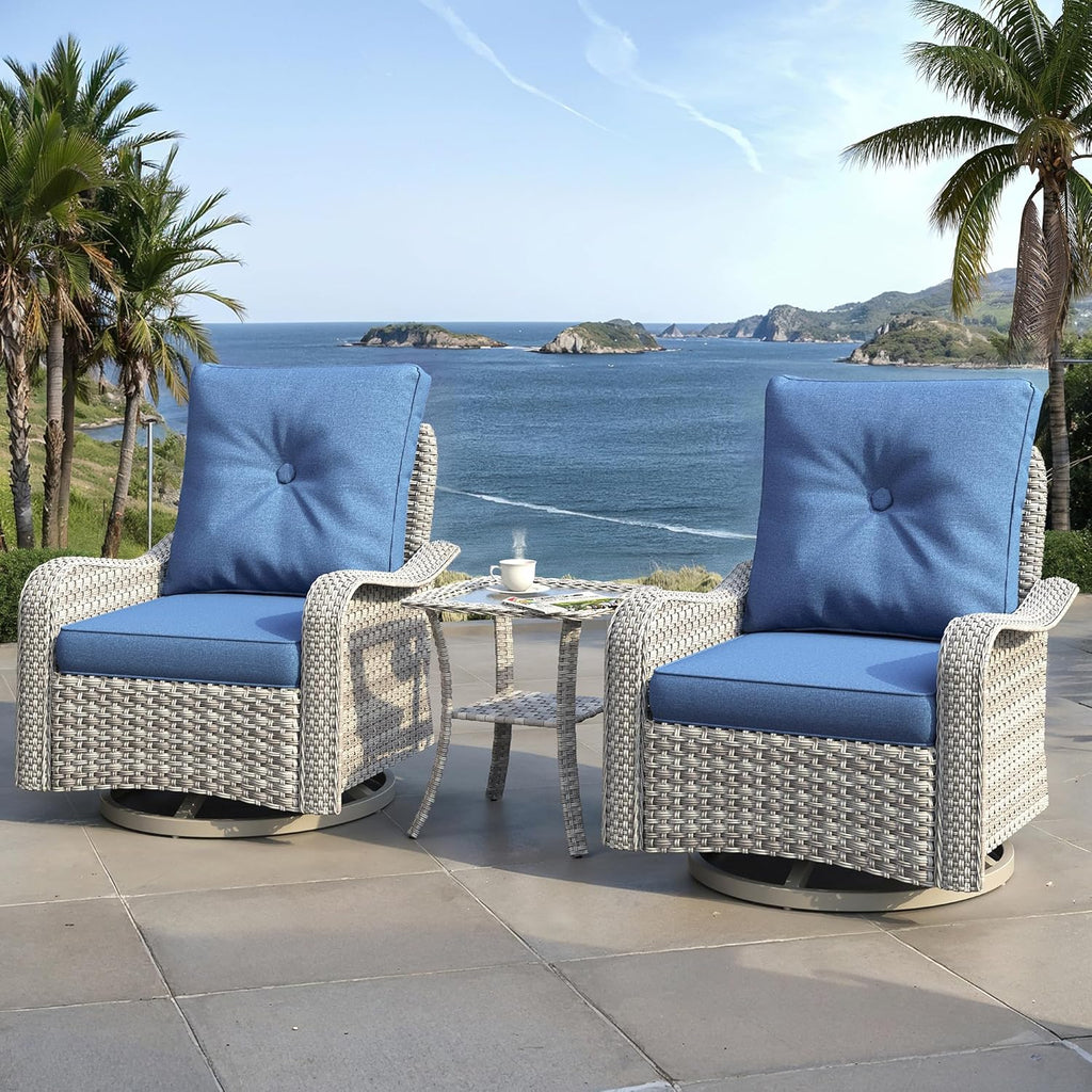 3 Piece Outdoor Patio Furniture Set,High Back Wicker Swivel Rocker Patio Chairs with 4' Thickened Cushions & Coffee Table, All-Weather PE Rattan for Garden, Backyard, Porch, Blue