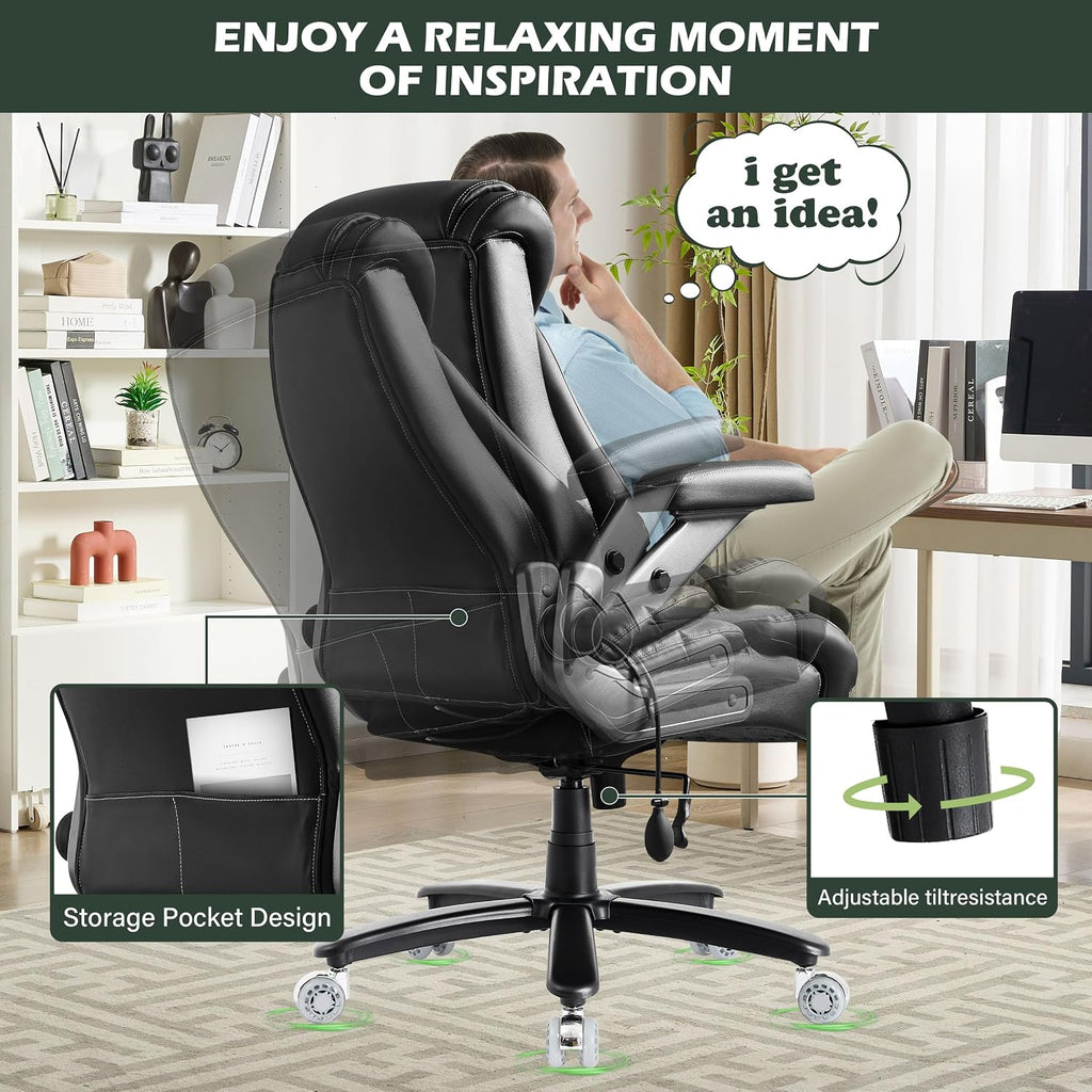 Large Big and Tall Office Chair 650lbs with Thick Spring Cushion, 5D Flip Arm Ergonomic Executive Office Chair Adjustable Lumbar Airbag&Extra Wide, Comfy Padded Heavy Duty Game Chair Dual Rubber Wheel