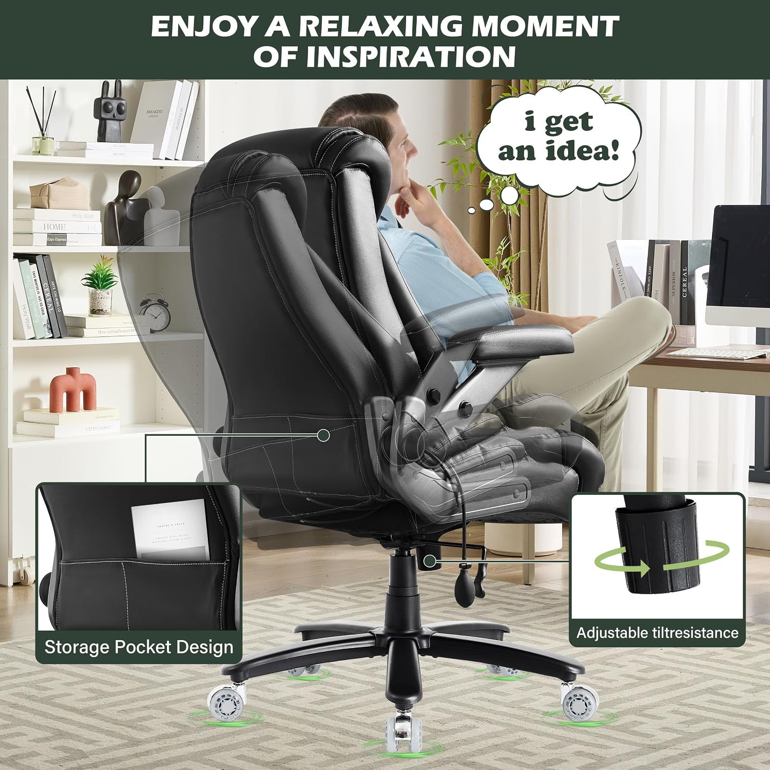 Large Big and Tall Office Chair 650lbs with Thick Spring Cushion, 5D Flip Arm Ergonomic Executive Office Chair Adjustable Lumbar Airbag&Extra Wide, Comfy Padded Heavy Duty Game Chair Dual Rubber Wheel