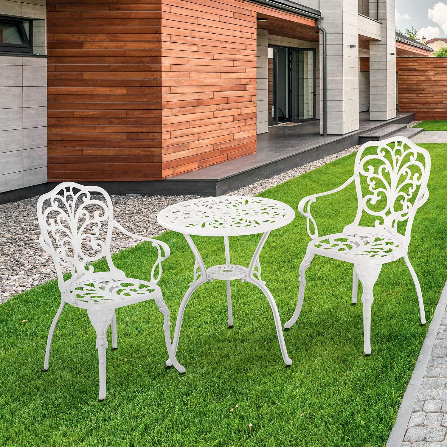 Patio Bistro Sets 3 Piece,Cast Aluminum Bistro Table and Chairs Set of 2 with 1.97' Umbrella Hole,All Weather Bistro Table Set Outdoor Patio Furniture for Garden,Yard(Butterfly White)