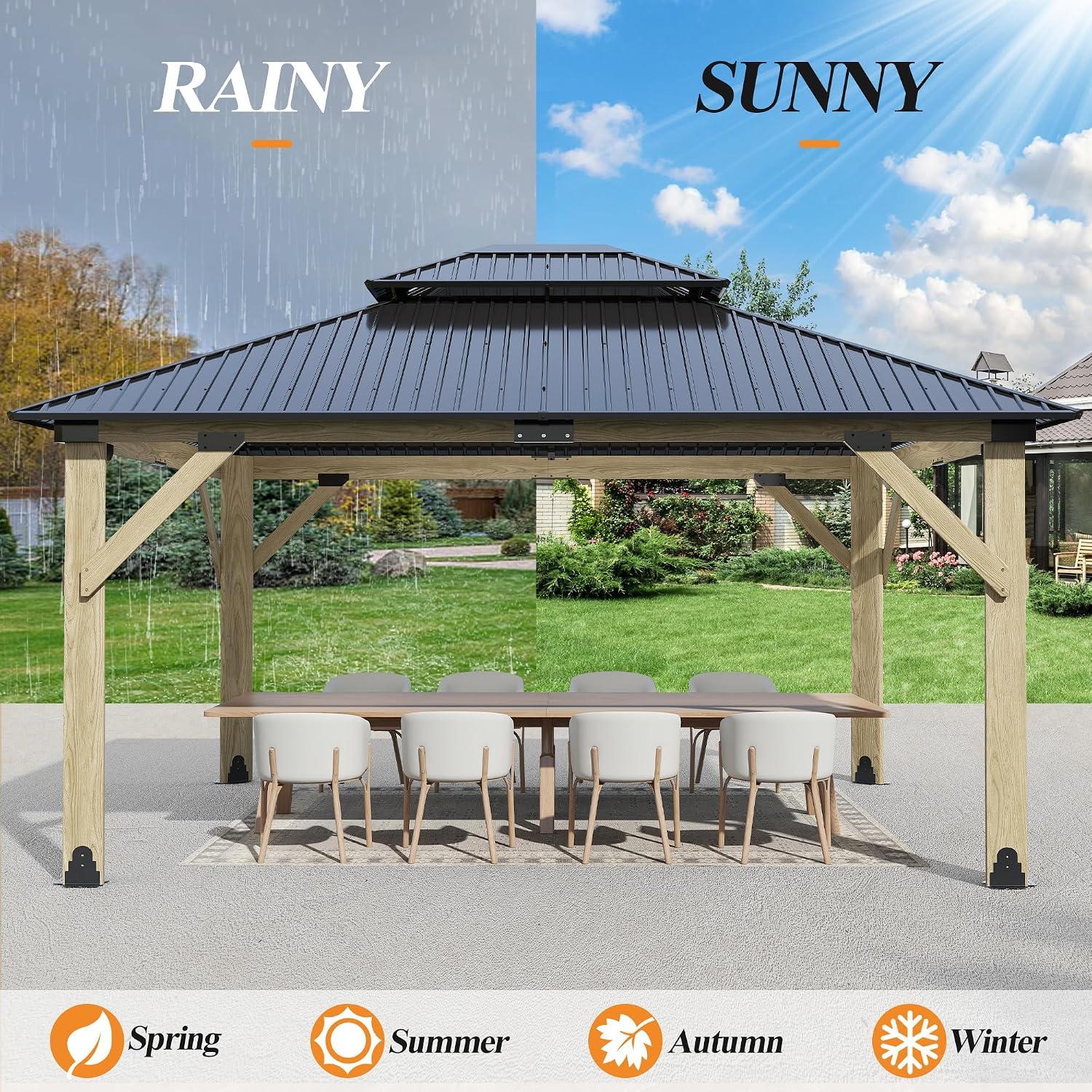 GARTOO 13'x15' Outdoor Wooden Gazebo - Patio Galvanized Steel Wood Gazebo with Double Vented Roof, Heavy-Duty Gazebos for Garden, Lawn, Backyard Deck, Poolside