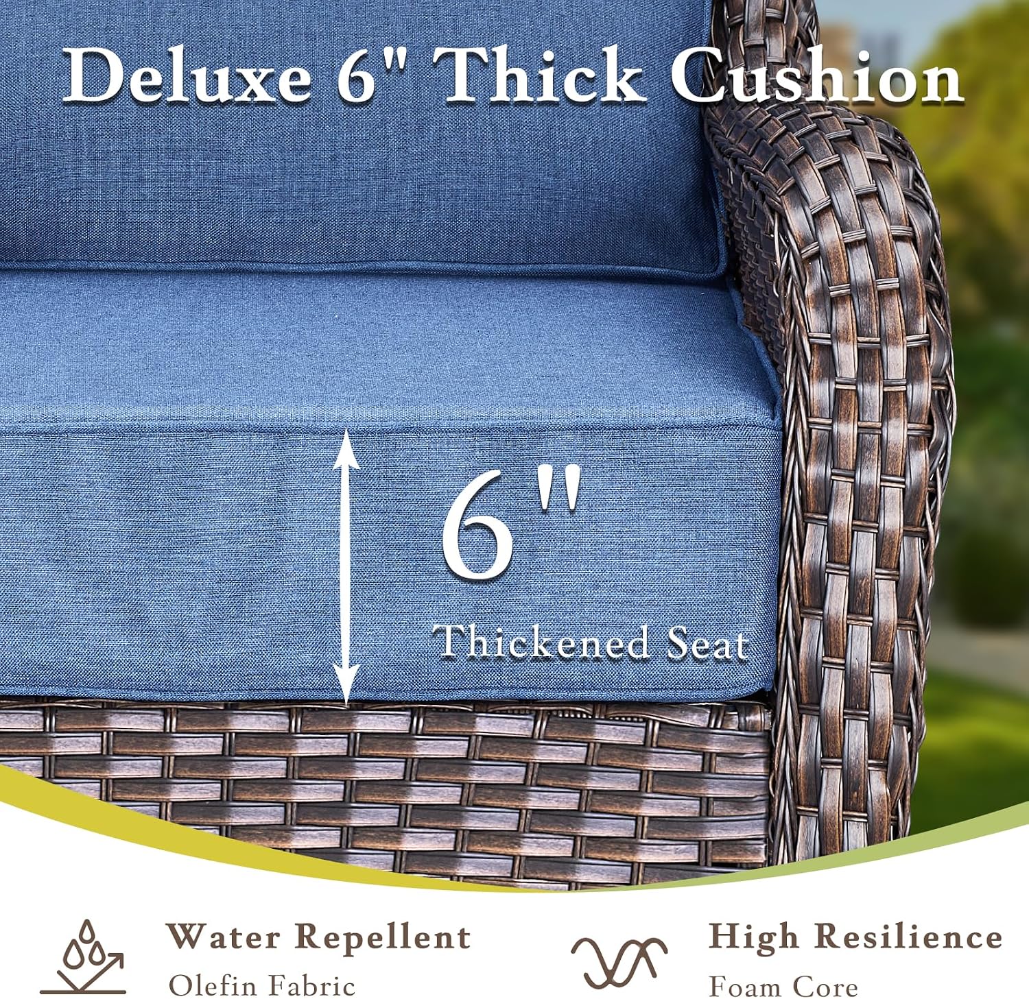 Luxury Outdoor Swivel Rocker Patio Chairs, High Back Patio Swivel Chairs with Side Table & 6-Inch Thick Cushions, Wicker Outdoor Bistro Set for Porch, Yard, Deck, Poolside, Brown/Blue