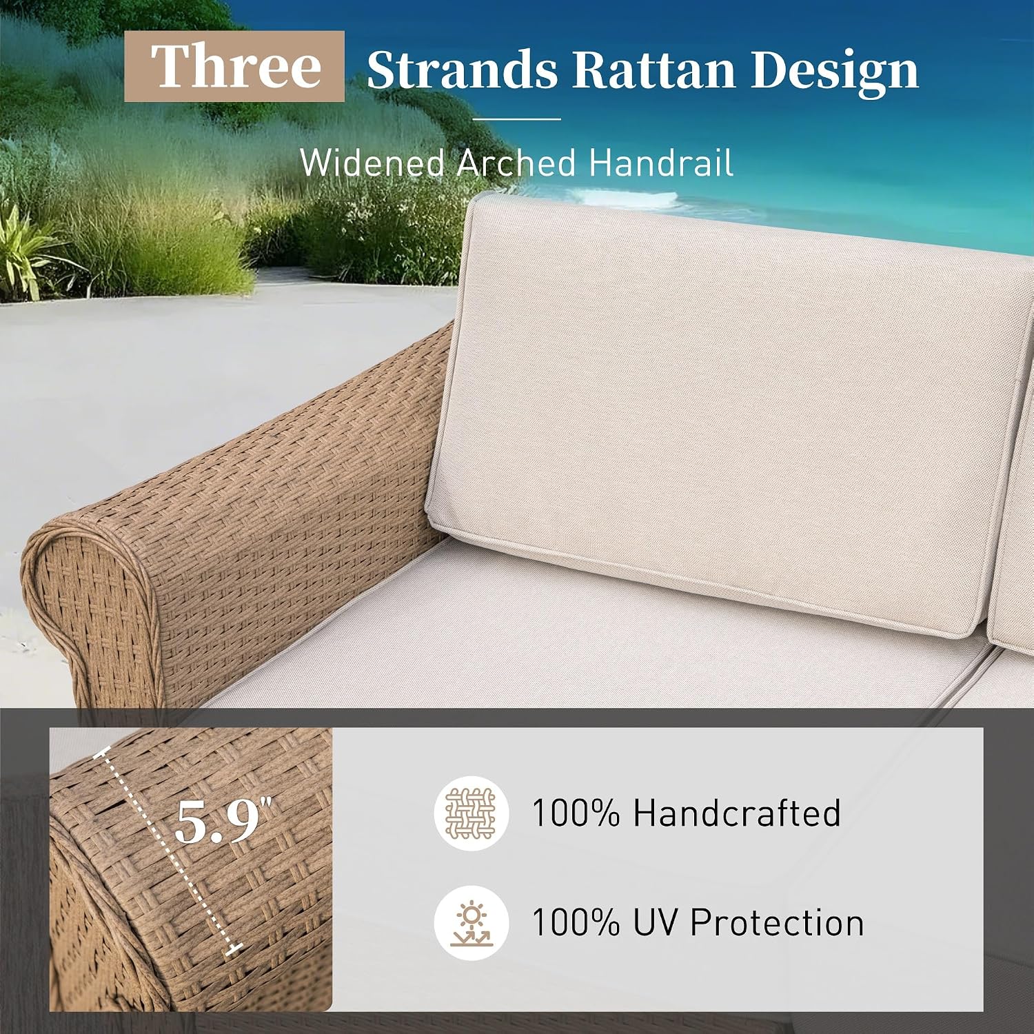 SUNSHINE VALLEY Patio Furniture Set, Sectional Wicker Outdoor Furniture with Fire Pit Table, 5.5' Thick Waterproof Cushion Modular Conversation 5 Pieces Sofa Set for Garden Deck Backyard, Beige