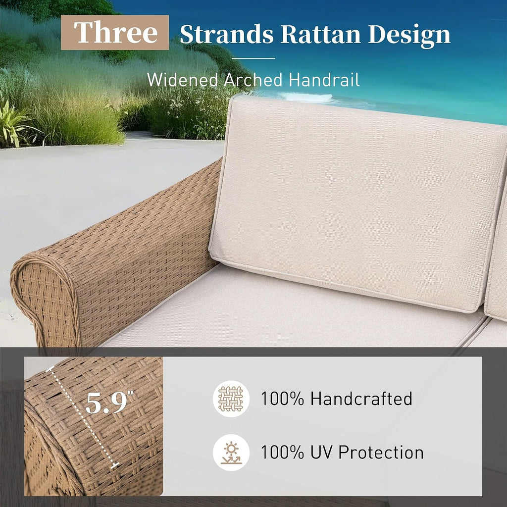 SUNSHINE VALLEY Patio Furniture Set, Wicker Outdoor Furniture Sectional Sofa with Fire Pit Table, 5 Seats Modular Conversation Set with 5.5' Thick Waterproof Cushion for Garden Deck Backyard, Beige
