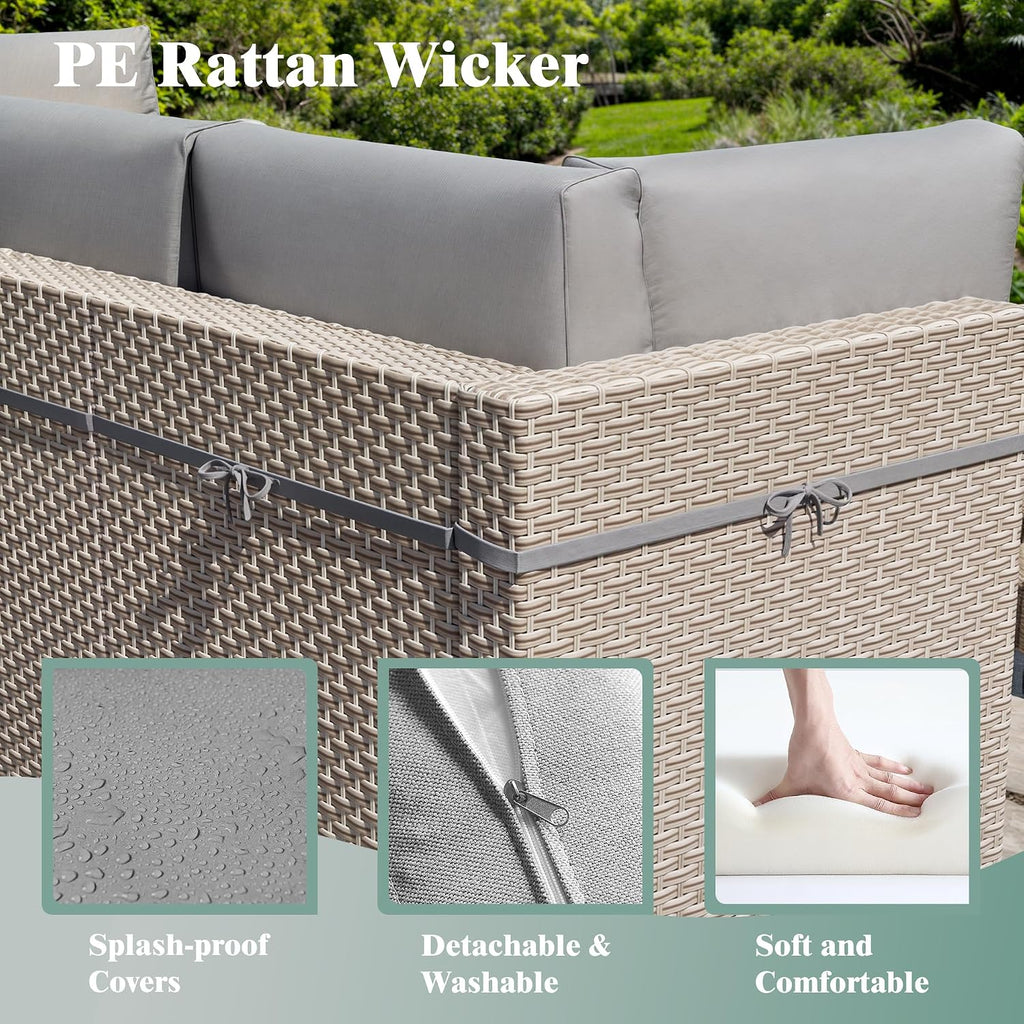 7 Pieces Patio Furniture Set, Outdoor Sectional Wicker Sofa with Thick Cushions and Storage Coffee Table, Rattan Patio Conversation Sets for Deck Yard Poolside, Grey