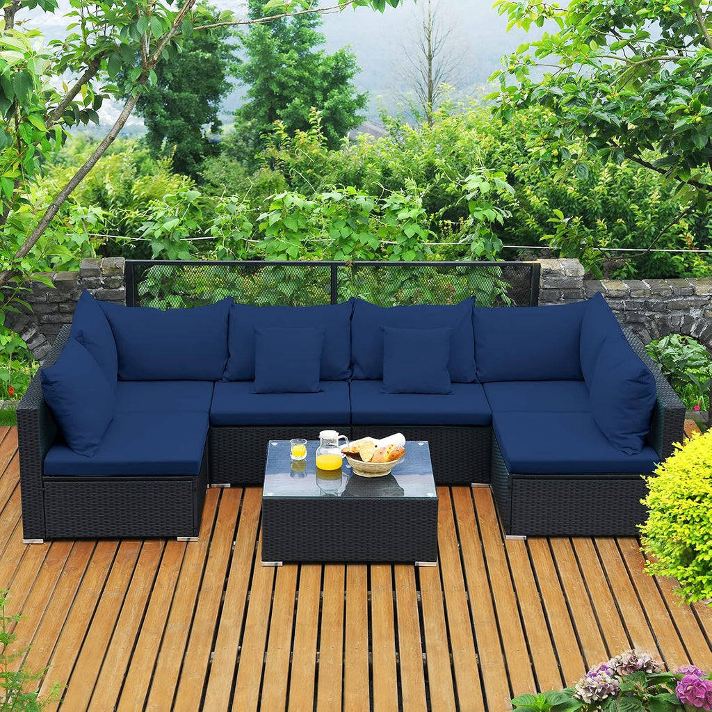 Tangkula 7-Piece Patio Furniture Set, Outdoor Sectional Wicker Sofa with Pillows and Cushions, Conversation Set with Coffee Table & Tea Table for Garden, Lawn (Navy Blue)
