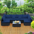 Tangkula 7-Piece Patio Furniture Set, Outdoor Sectional Wicker Sofa with Pillows and Cushions, Conversation Set with Coffee Table & Tea Table for Garden, Lawn (Navy Blue)