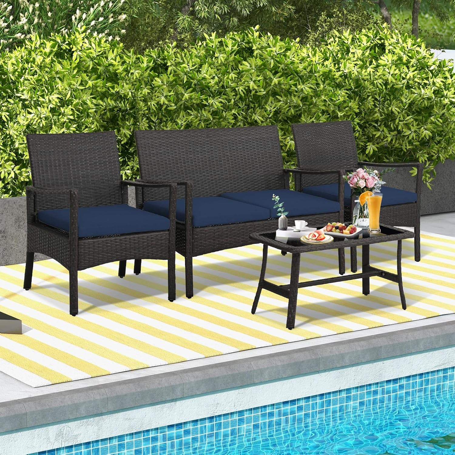 Tangkula 8 Pieces Outdoor Conversation Set, Patio PE Wicker Sofa with Tempered Glass Coffee Table, Soft Seat Cushions Included, Modern Rattan Chair Table Set for Porch, Backyard (2, Navy)