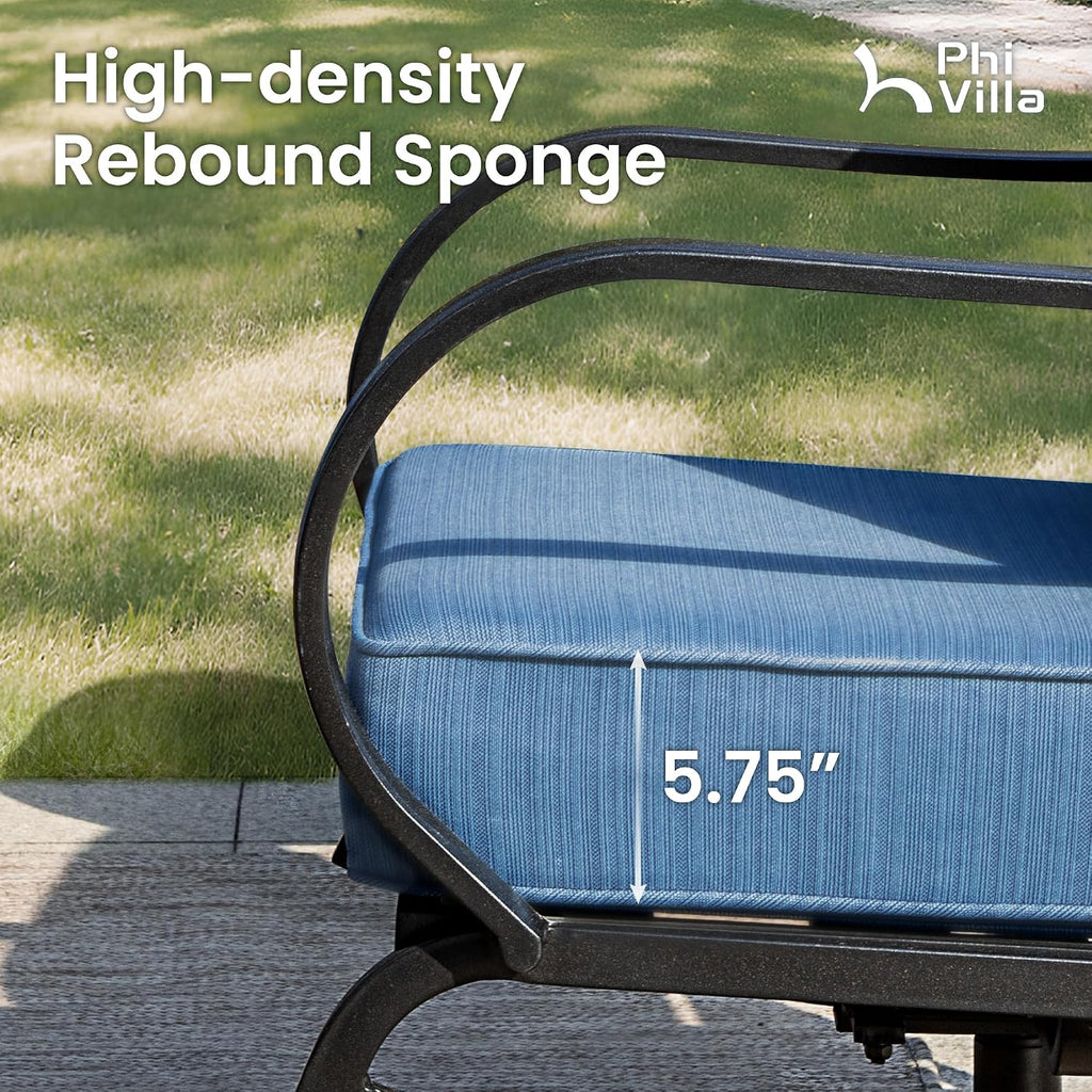 PHI VILLA 5 PCS Patio Furniture Set, Metal Deluxe Patio Set with 1 x 3 Seater Deep Seating Bench, 2 x Swivel Sofa Chairs & 2 x Metal Cushioned Ottoman, Outdoor for Garden, Peacock Blue