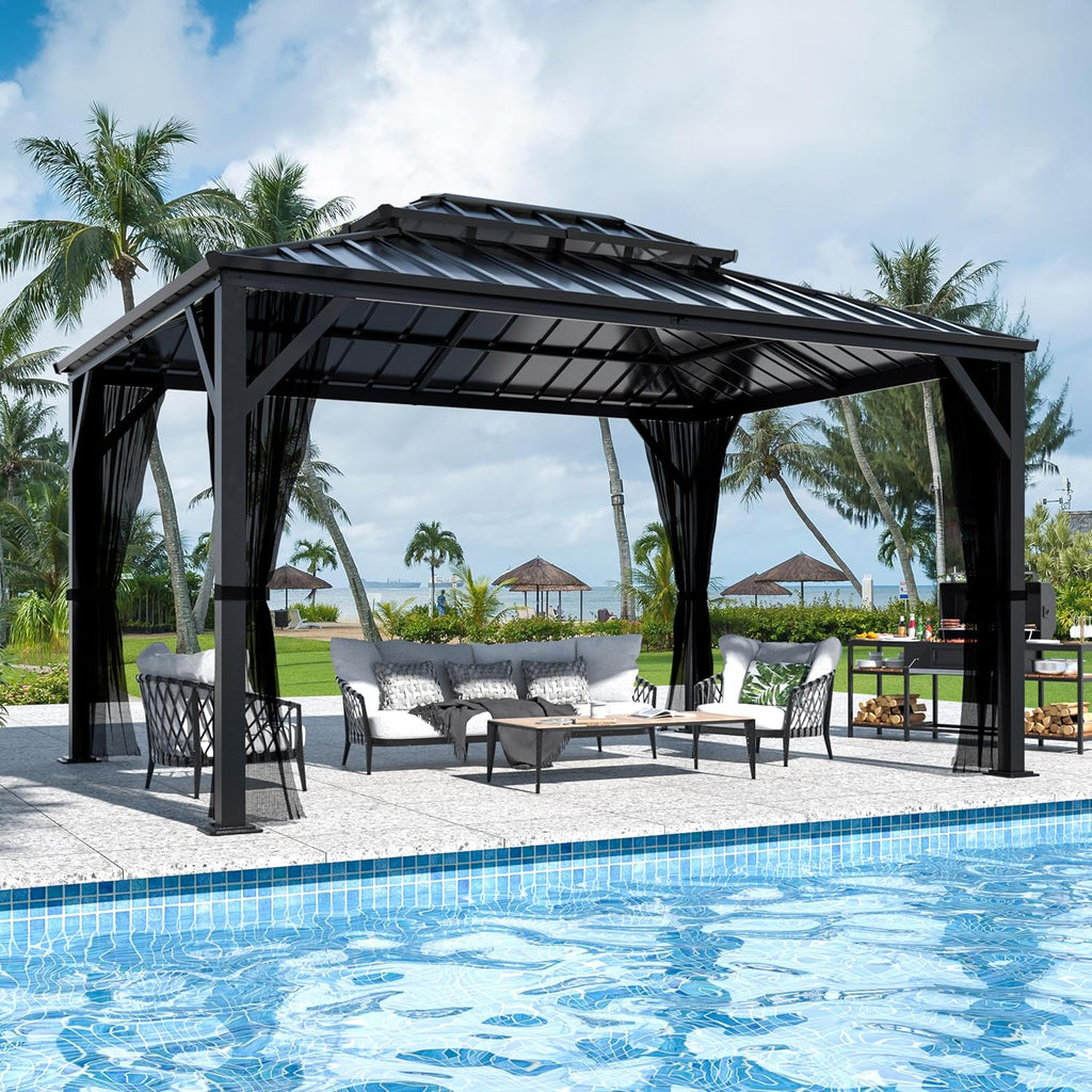 Yardenaler 10x12 FT Hardtop Gazebo Canopy with Double Galvanized Steel Roof, Permanent Outdoor Pavilion with Mesh Netting for Patio, Backyard, Garden, Black
