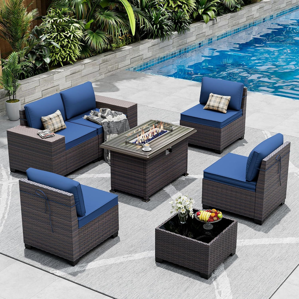 Outdoor Patio Furniture Set with Gas Fire Pit Table, 7 Pieces Patio Furniture Set Outdoor Sectional Sofa w/43in Propane Fire Pit, PE Wicker Rattan Patio Conversation Set - Dark Blue
