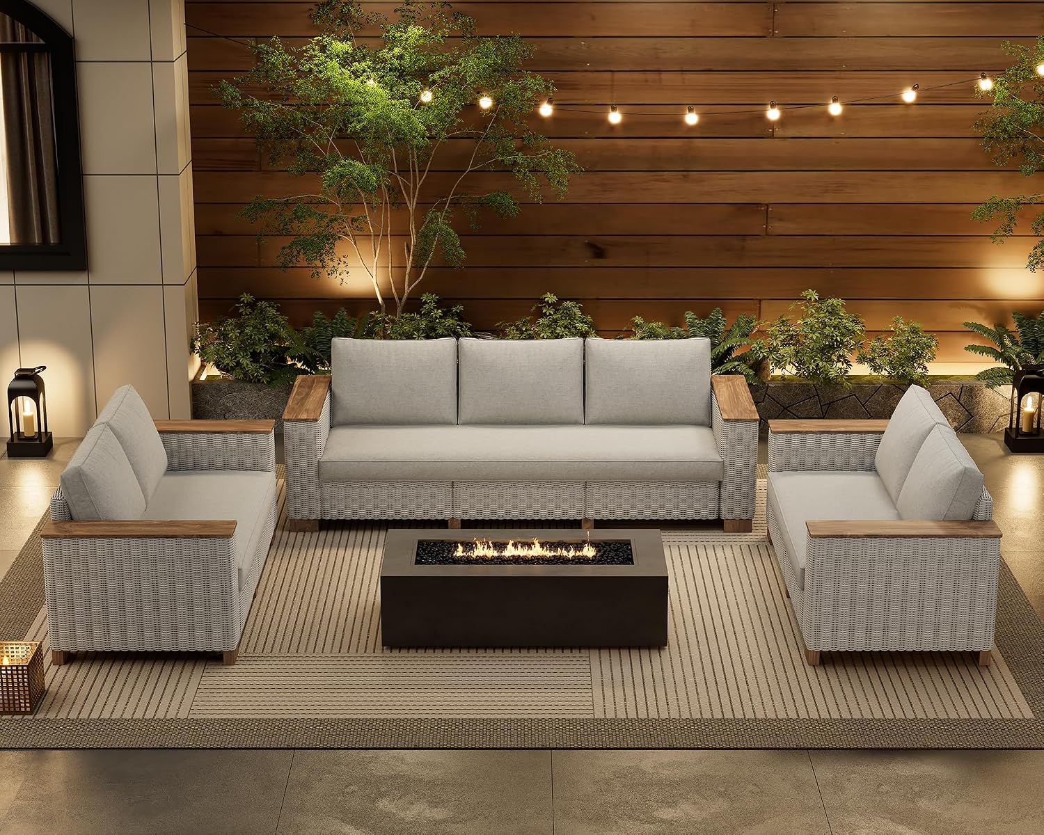 PaPaJet 7-Piece Wicker Patio Furniture Set with Solid Wood Armrest, Outdoor Patio Set with Thick Legs, UV-Resistant Modular Outdoor Sectional Sofa for Backyard, Porch, Garden