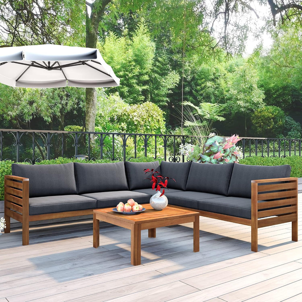 4 Piece Outdoor Patio Furniture Set, Acacia Wood Sectional Sofa wSeat Cushions, Patio Sectional Conversation Seat with Couches and Coffee Table