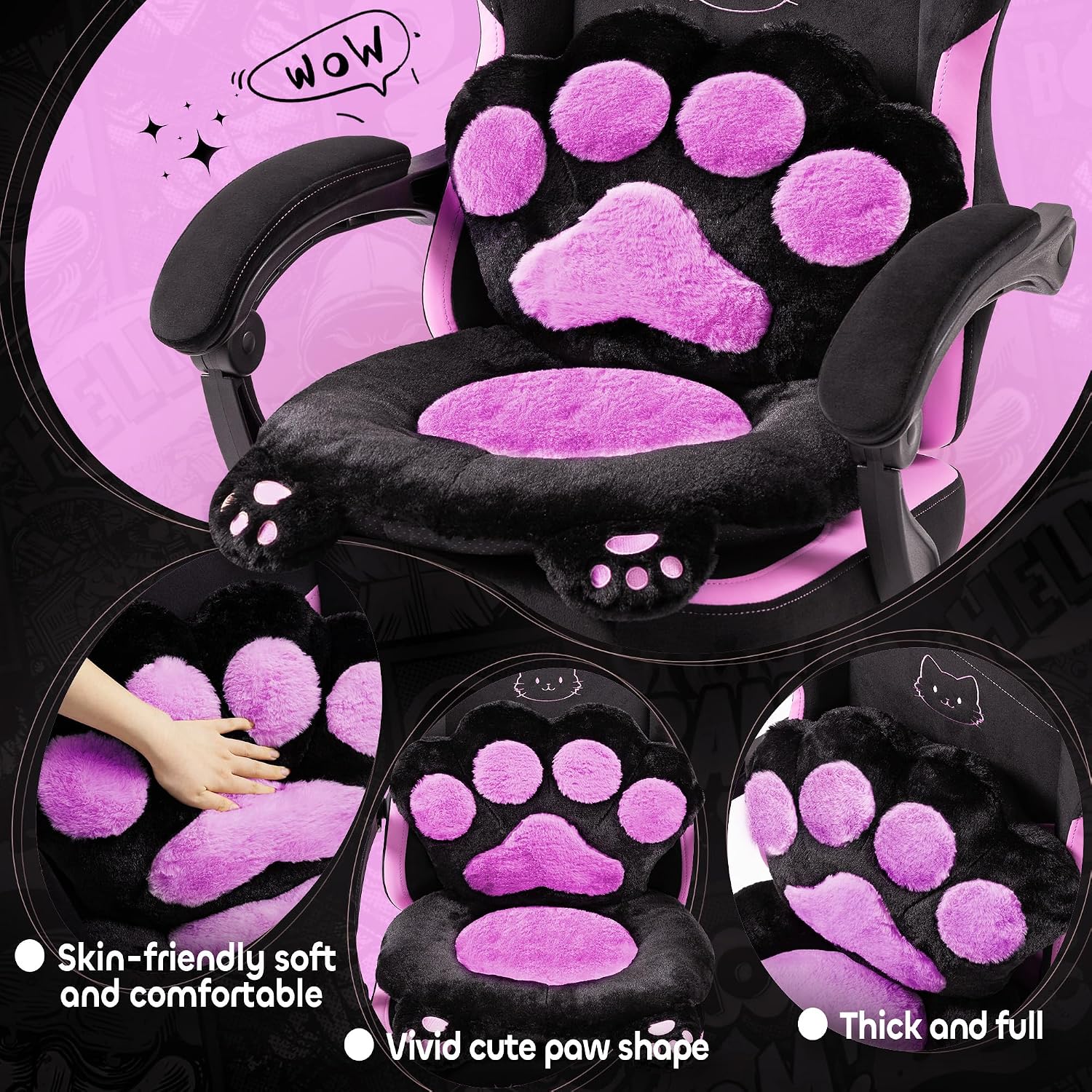 Pink Gaming Chair Cute with Cat Ears Paw Lumbar and Cushion,Ergonomic Computer Chair with Footrest,Reclining PC Game Chair for Girl Computer Chair 300lbs for Adult, Black and Purple