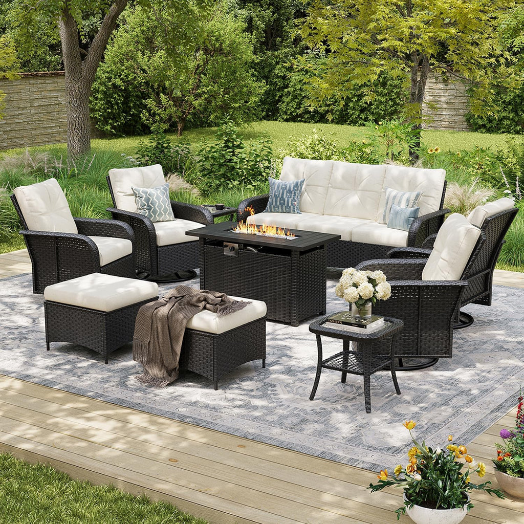 Aoxun 12-Piece Patio Furniture Set with 44'' Fire Pit Table, Luxury Outdoor Patio Furniture Set with 360° Swivel Chairs, Patio Conversation Set for Backyard, Poolside & Garden, Black/Beige