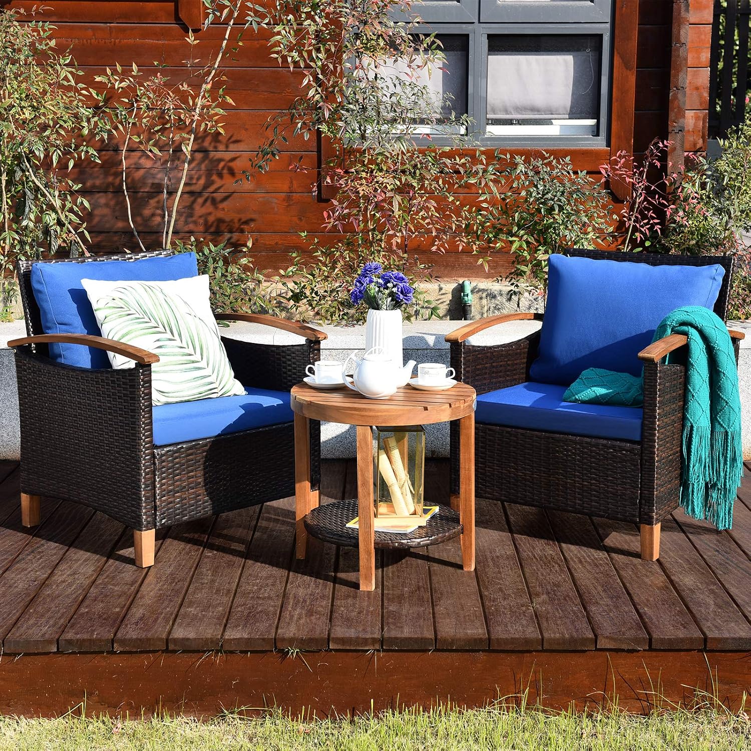 Tangkula 3 Pieces Patio Furniture Set, Outdoor Rattan Sofa and Side Table w/Solid Acacia Wood Frame, High Load Bearing Conversation Bistro Set w/Washable and Removable Cushions (Navy Blue)