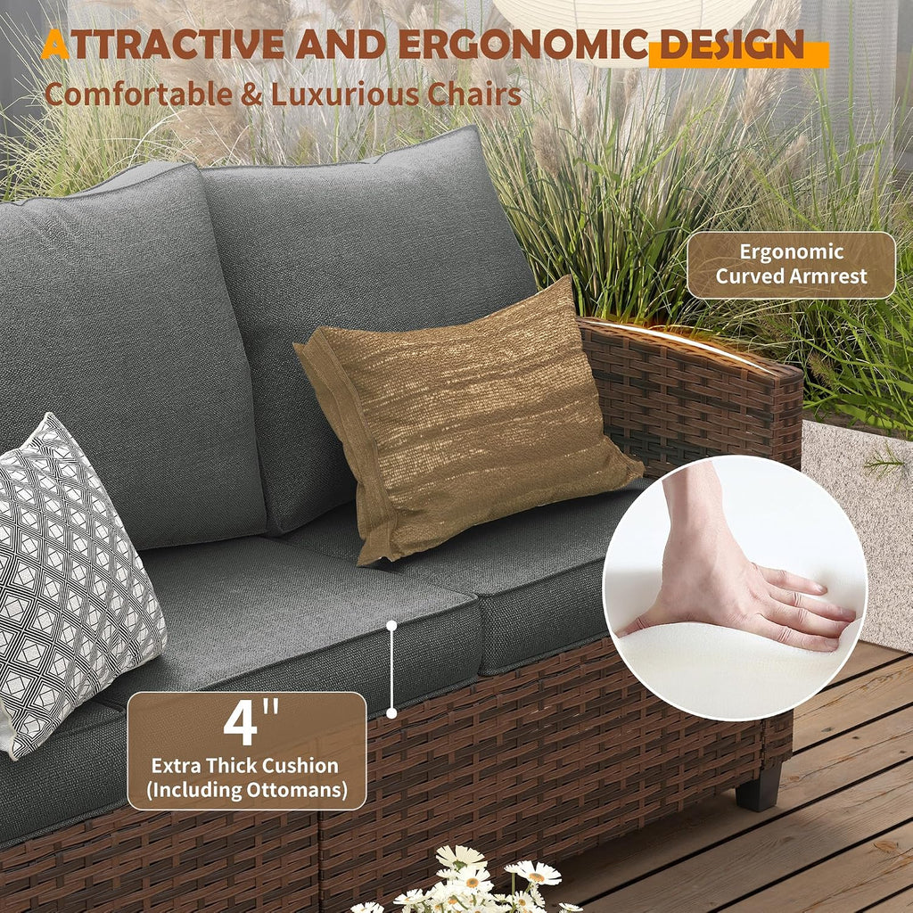 UDPATIO Patio Furniture Set, 6 Pieces Outdoor Sectional Couch with Swivel Rocking Chair, Brown Wicker Rattan Conversation Sofa, 4' Thick Cushion for Garden Backyard Deck, Dark Grey