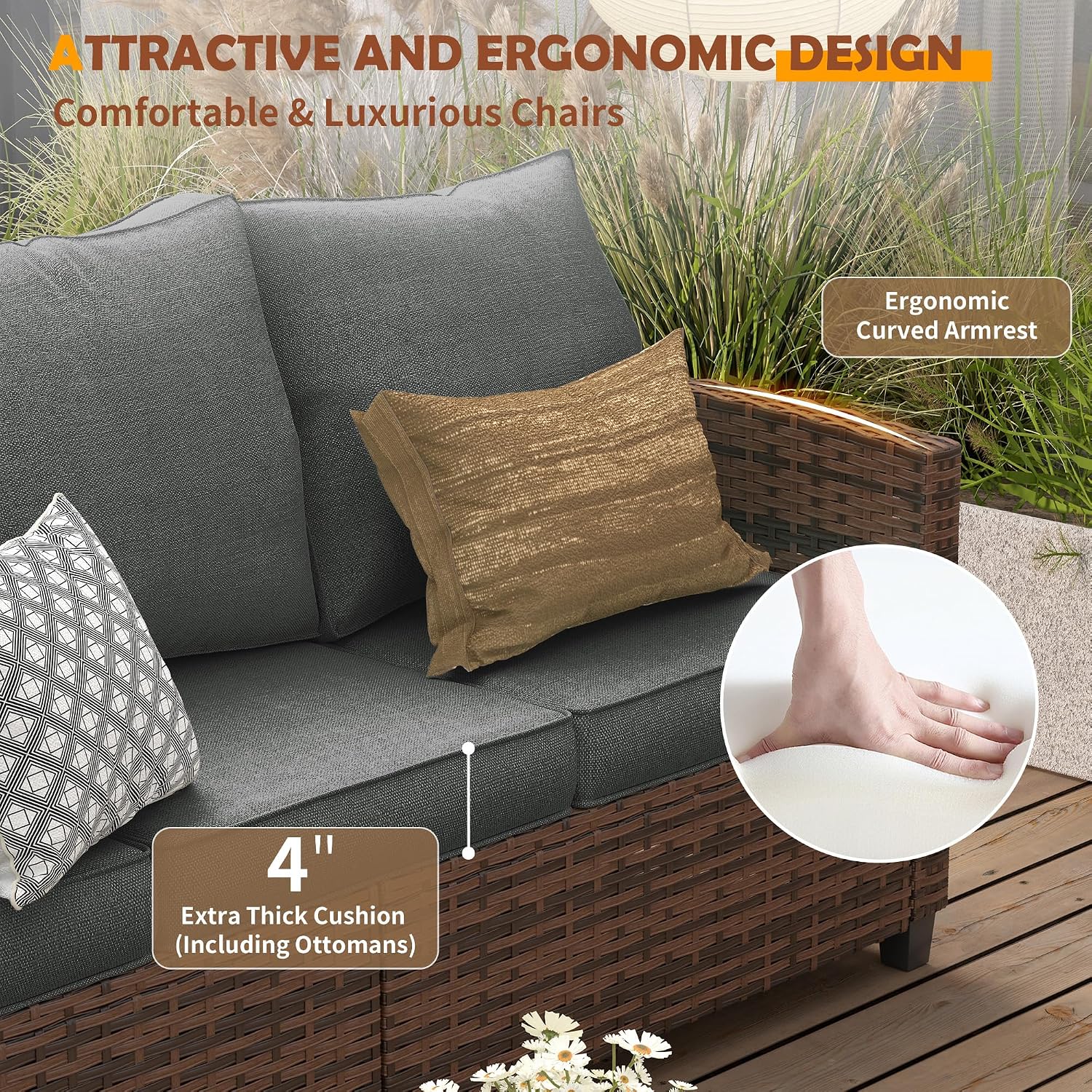 UDPATIO Patio Furniture Set, 6 Pieces Outdoor Sectional Couch with Swivel Rocking Chair, Brown Wicker Rattan Conversation Sofa, 4' Thick Cushion for Garden Backyard Deck, Dark Grey