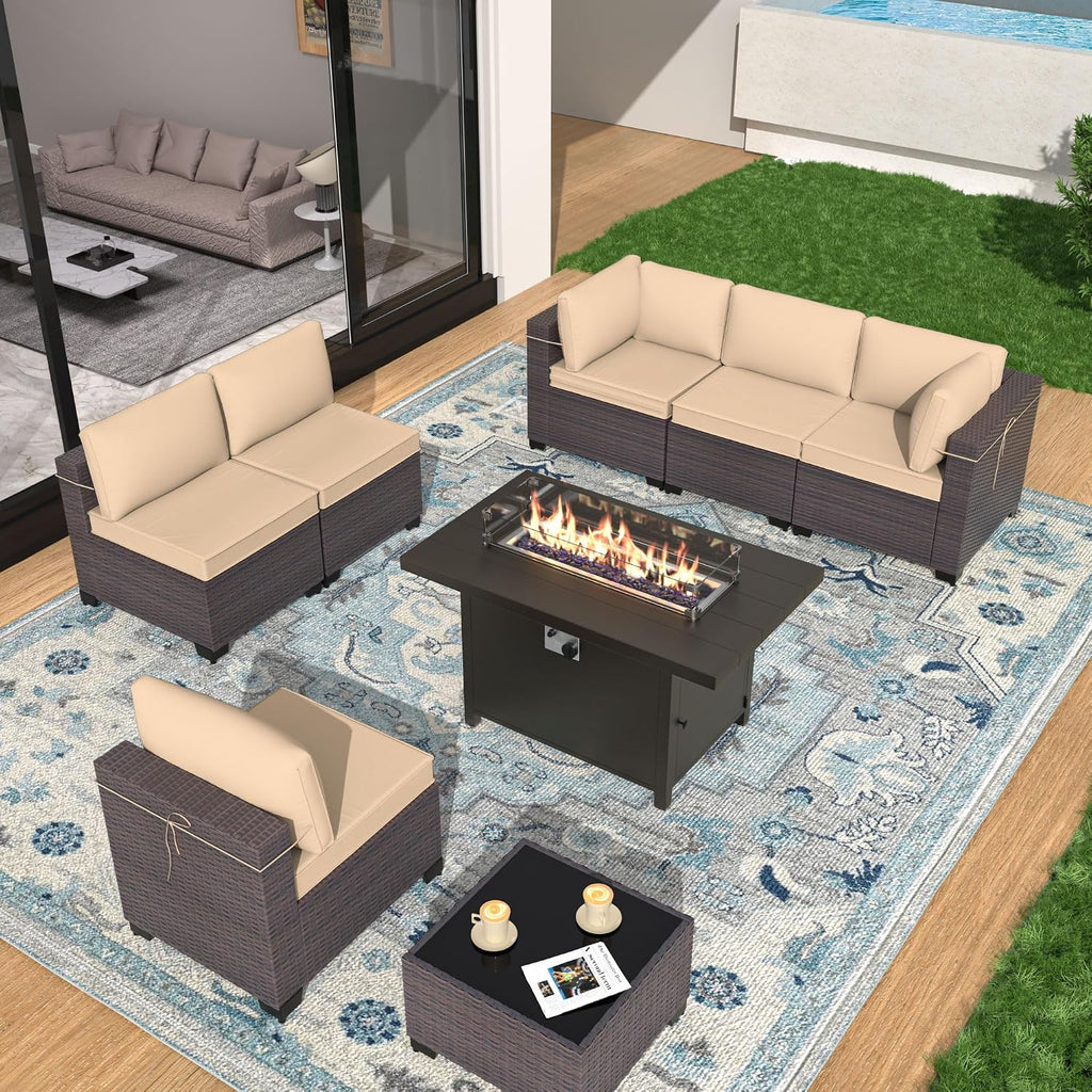 Patio Furniture Set with Aluminum Fire Pit Table 8 Pieces Outdoor Sectional Sofa Set,PE Rattan Wicker Patio Conversation Set w/43in 55000 BTU Propane Fire Pit Table,Sand
