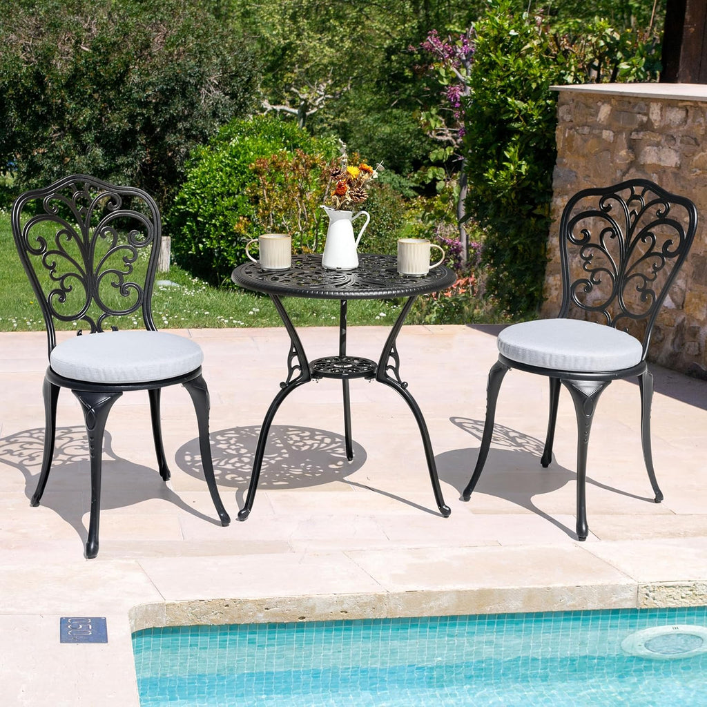 NUU GARDEN Bistro Set 3 Piece Outdoor All Weather Cast Aluminum Patio Bistro Set Patio Table and Chairs Set of 2 with Umbrella Hole and Gray Cushions for Backyard, Balcony, Lawn, Black