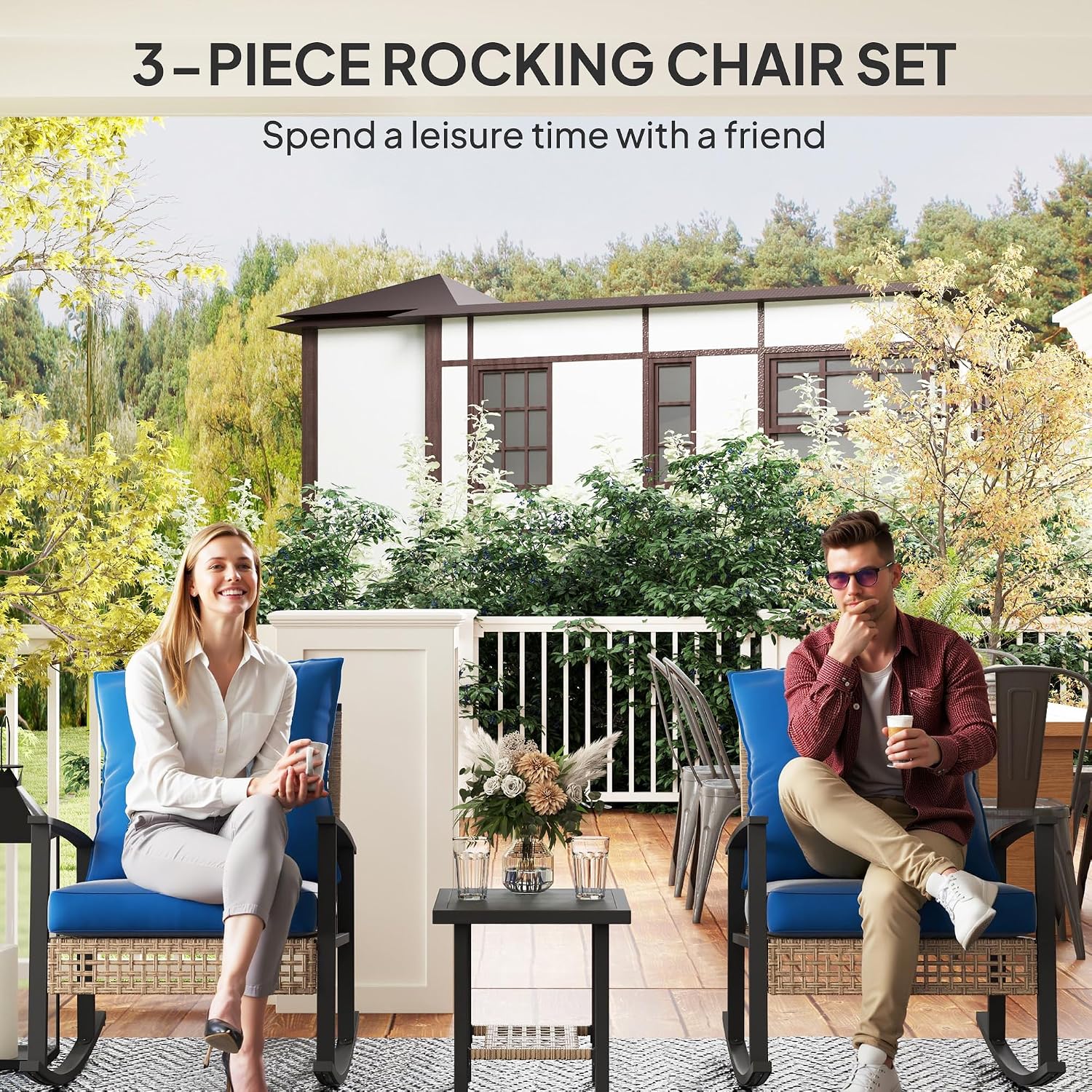 Outsunny 3 Pieces Rocking Wicker Outdoor Bistro Set, Rattan Patio Furniture Set with Coffee Table and Porch Chairs, Button Tufted Cushions for Backyard, Balcony, Garden, Dark Blue