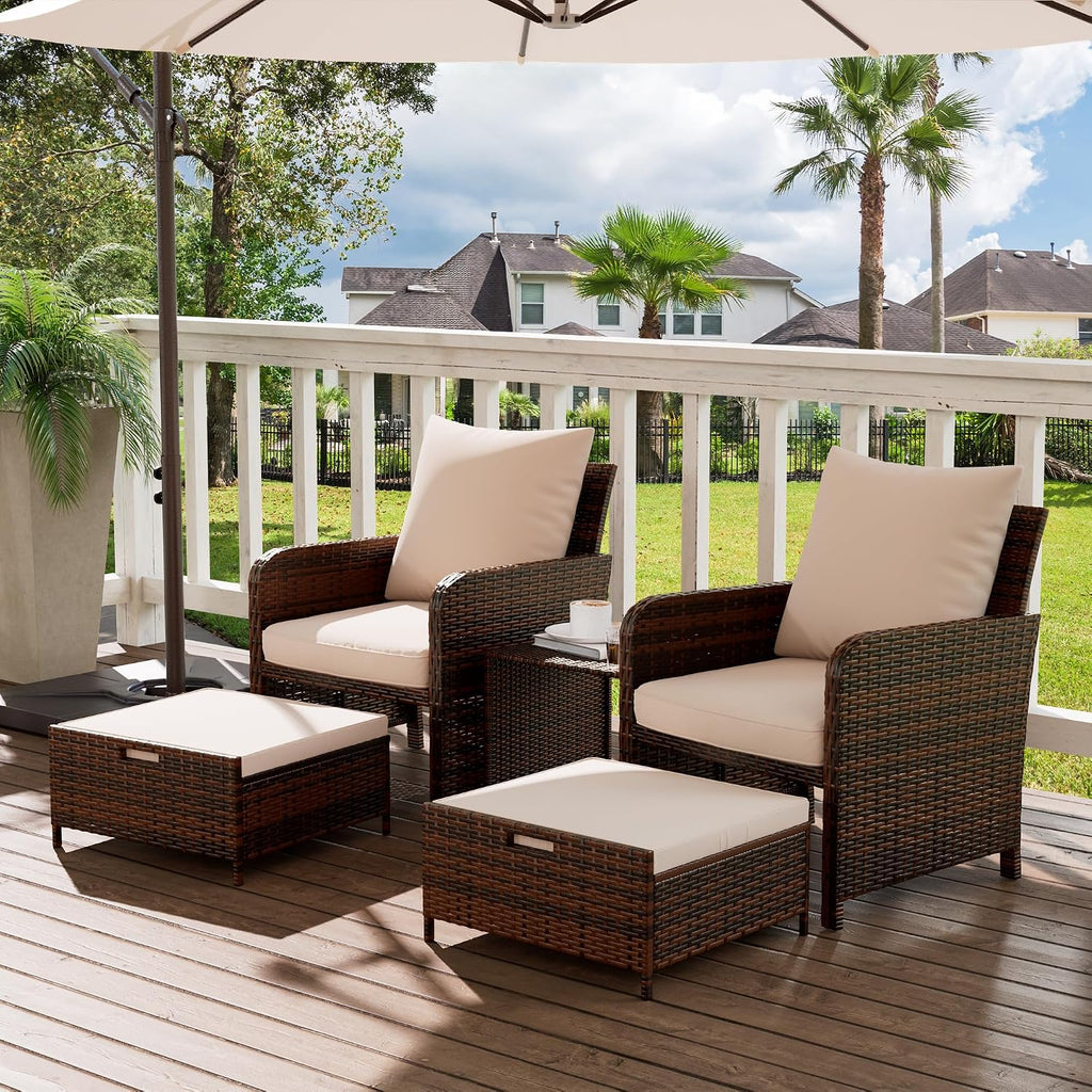 UDPATIO Balcony Furniture Outdoor Patio Chair with Ottoman for Small Space, 5 Piece Wicker Patio Furniture Set with Side Table, Khaki