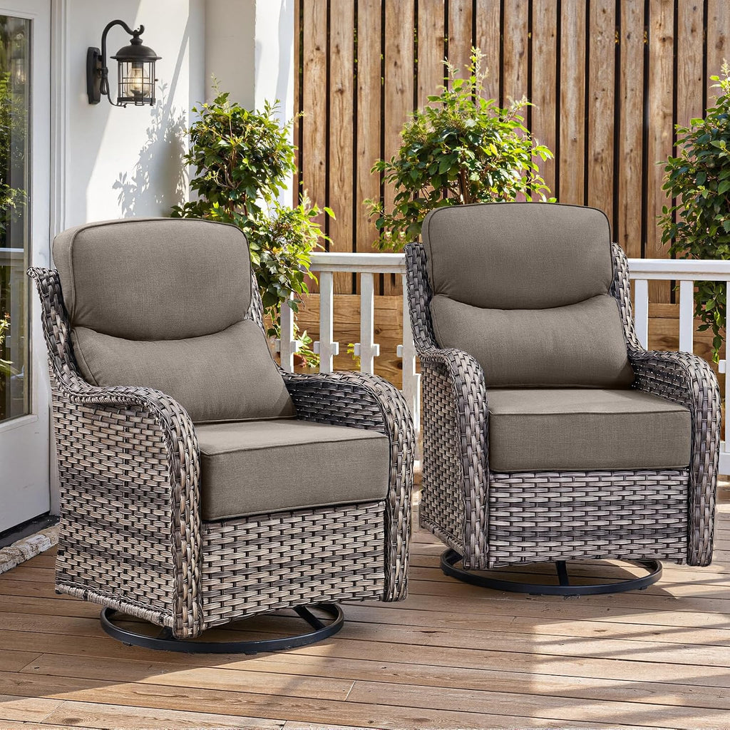 Belord Luxury 6' Thick Cushioned Outdoor Swivel Rocker Patio Chairs of 2, High Back Wicker Patio Furniture Set with Ergonomic Zone Back, Conversation Glider Set for Deck Porch - Grey+Grey