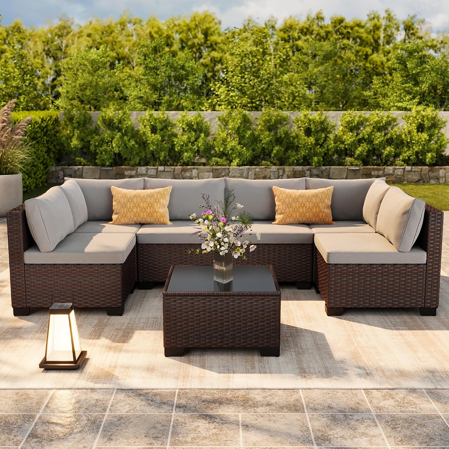 Ahomly 7-Piece Patio Furniture Set, Outdoor Sectional Couch with Water-Resistant Cushions & Coffee Table, PE Rattan Outdoor Patio Sofa Set for Backyard, Deck, Garden, or Porch, Grey
