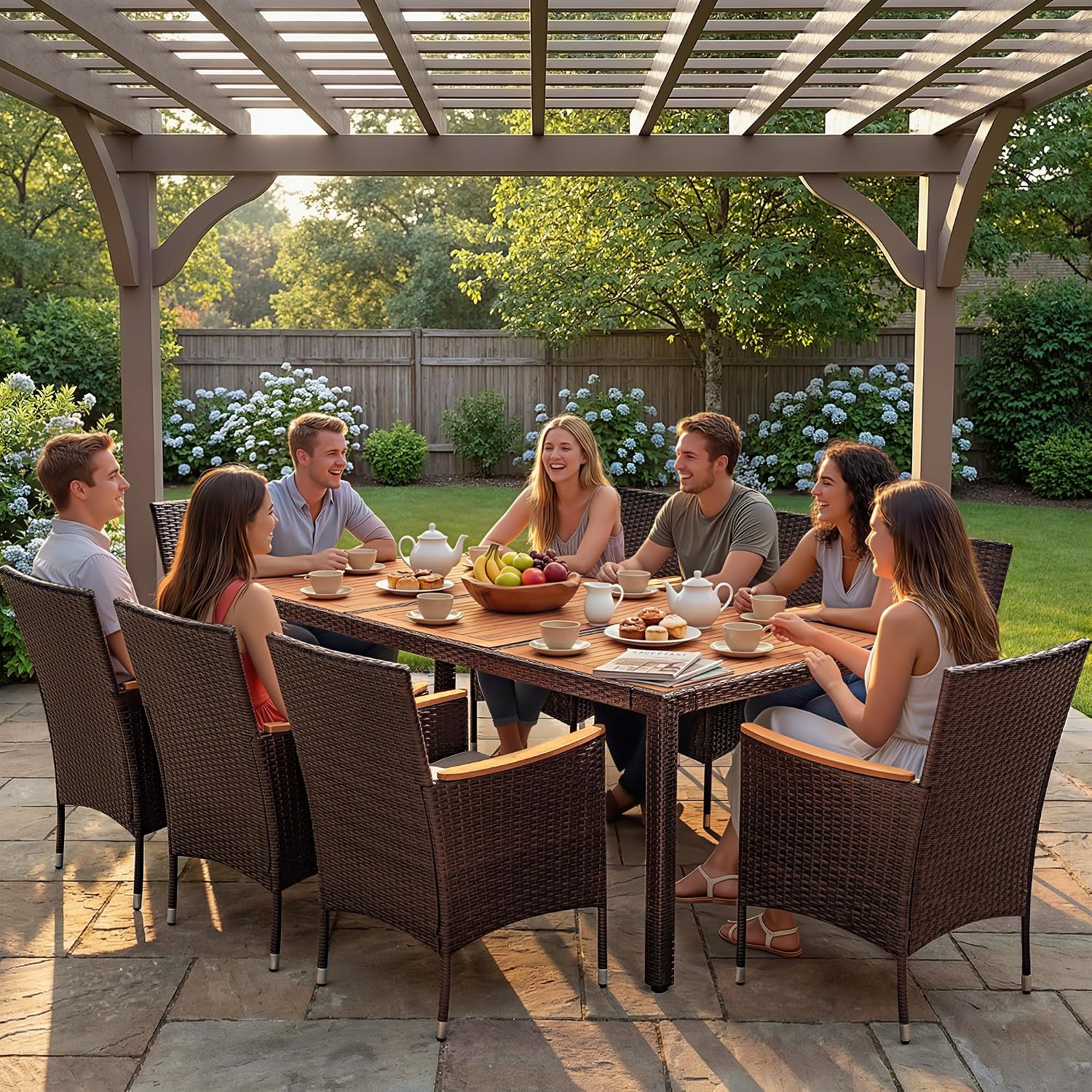 Devoko Outdoor Patio Dining Sets 9 Pieces Wicker Outdoor Dining Table and Chairs Set with Acacia Wood Table Top and Widened Armrests for Backyard, Garden, Deck (Brown)