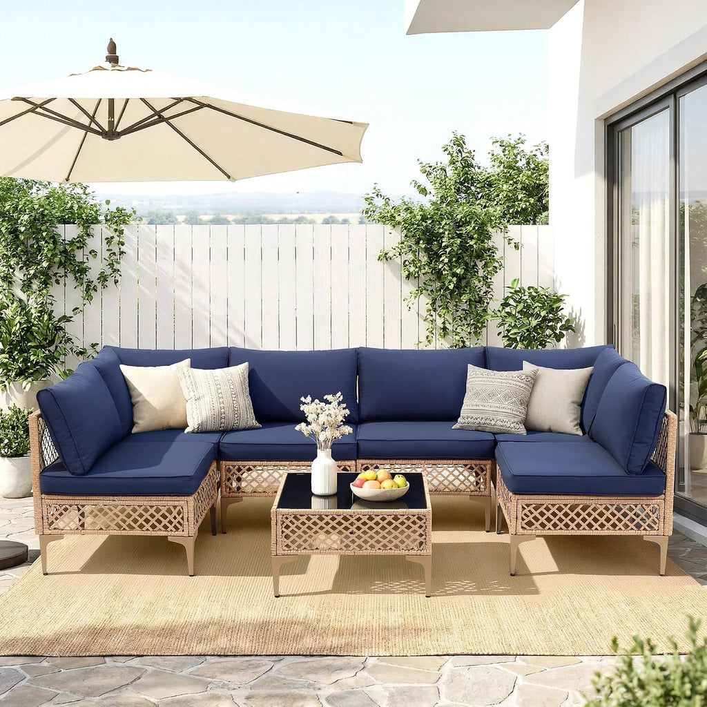 FHFO 7 Piece Patio Furniture Set, Outdoor Wicker Modular Sectional Patio Conversation Set with Thicker Cushion & Tempered Glass Coffee Table for Backyard, Poolside, Porch (Yellow/Blue)