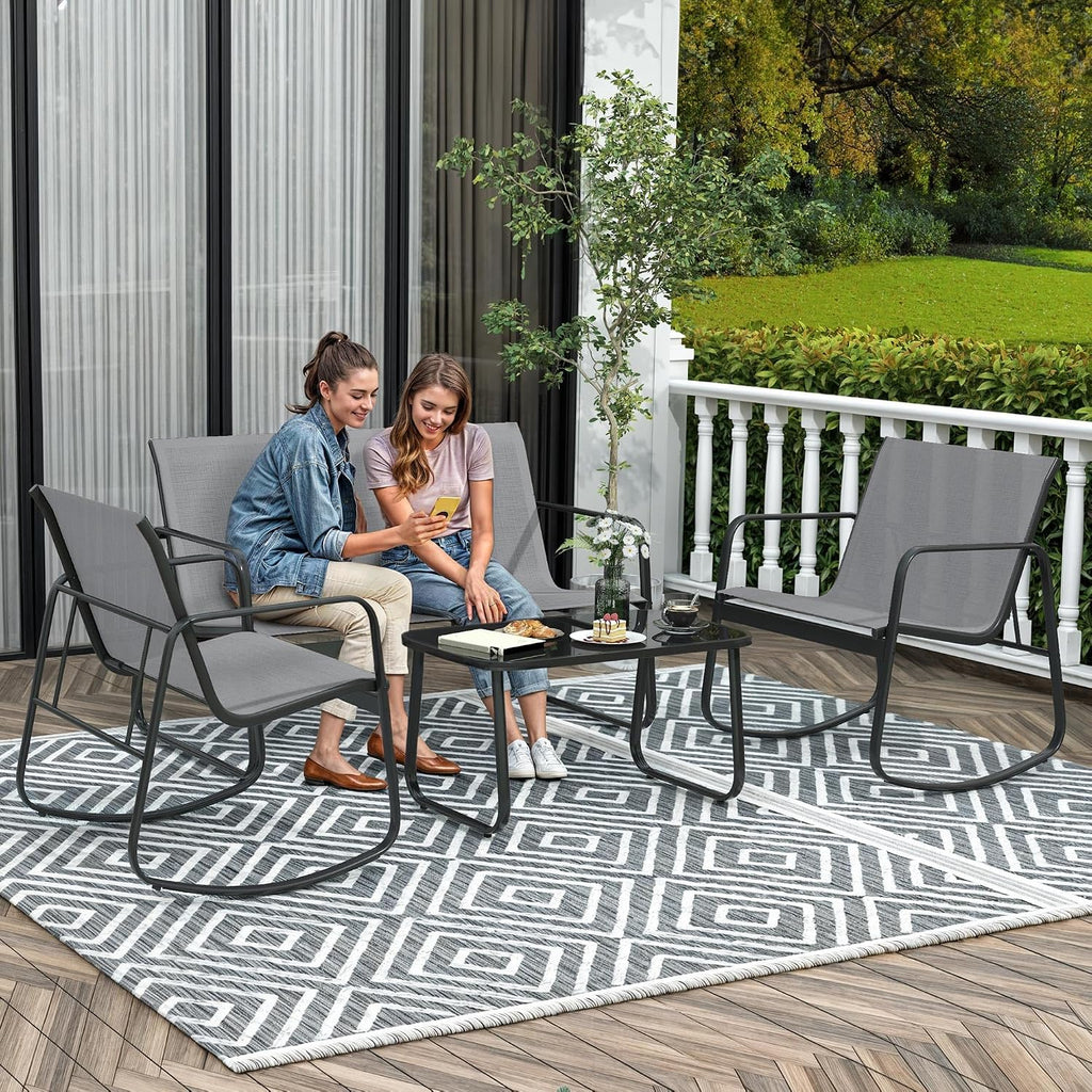 DWVO 4-Piece Patio Furniture Set, Textilene Conversation Set with 2 Rocking Chairs and Tempered Glass Coffee Table, Ideal for Indoor Patio Lawn Garden Poolside, Gray