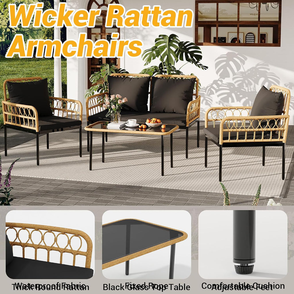 GarveeLife 4 Pieces Patio Furniture Sets Wicker Outdoor Patio Table and Chairs Set with Glass Side Table, Loveseat Chairs, Boho Rattan 4 Seater Conversation Sets for Backyard, Porch, Bistro, Black