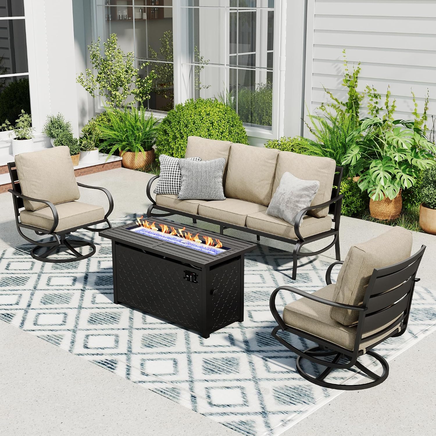 Sophia & William Patio Furniture Sets with 45' Gas Fire Pit Table Outdoor Metal Conversation Sets for 5, 2 x Swivel Cushioned Patio Sofa Chairs, 1 x 3-Seat Sofa 4 Pieces for Lawn Backyard Beige