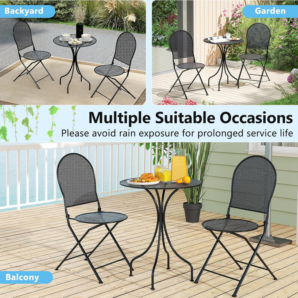 Tangkula 3 Pieces Patio Bistro Set, Metal Table and Folding Chair Set for 2, Outdoor Garden Furniture Set with Round Table & 2 Folding Chairs, Indoor Outdoor Bistro Set for Garden, Yard, Porch
