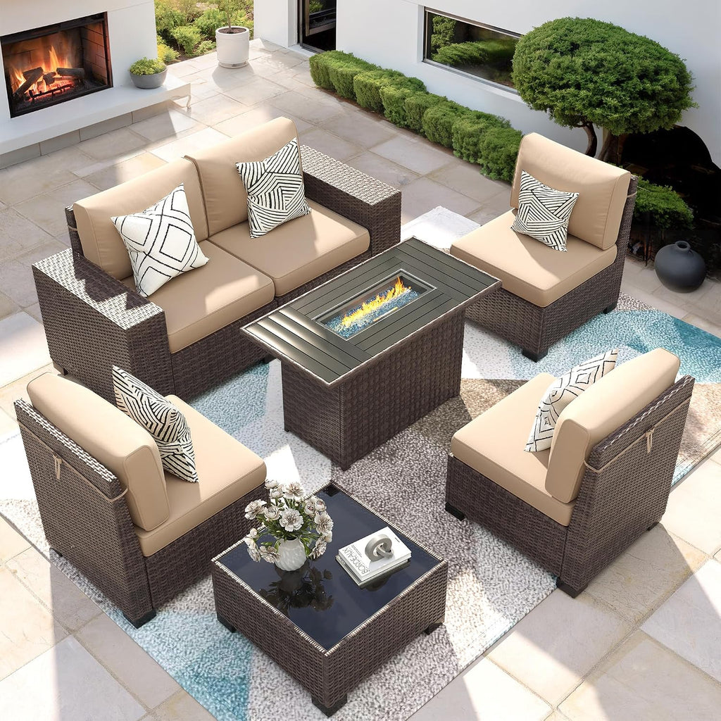 7 Piece Patio Furniture Set with Fire Pit Table, Outdoor Conversation Sets Wicker Rattan Sectional Sofa with Coffee Table for Patio Garden Backyard, 4'' Thickened Cushion Beige