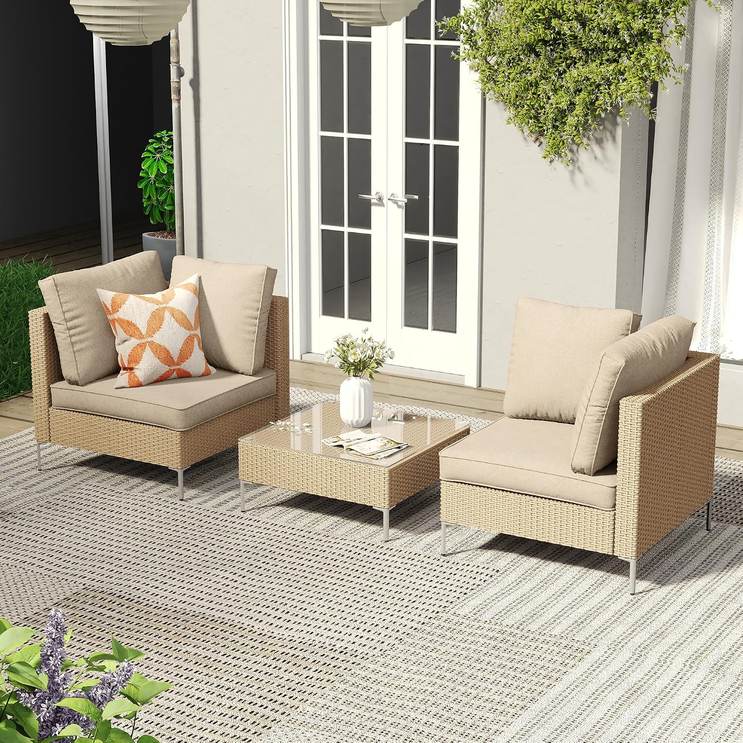 VICLLAX 3 Pieces Wicker Patio Furniture Set, Outdoor Conversation Set of 2 Armless Wicker Sofas with Cushions and Glass-top Tea Table for Deck, Backyard, Garden, Oak Rattan
