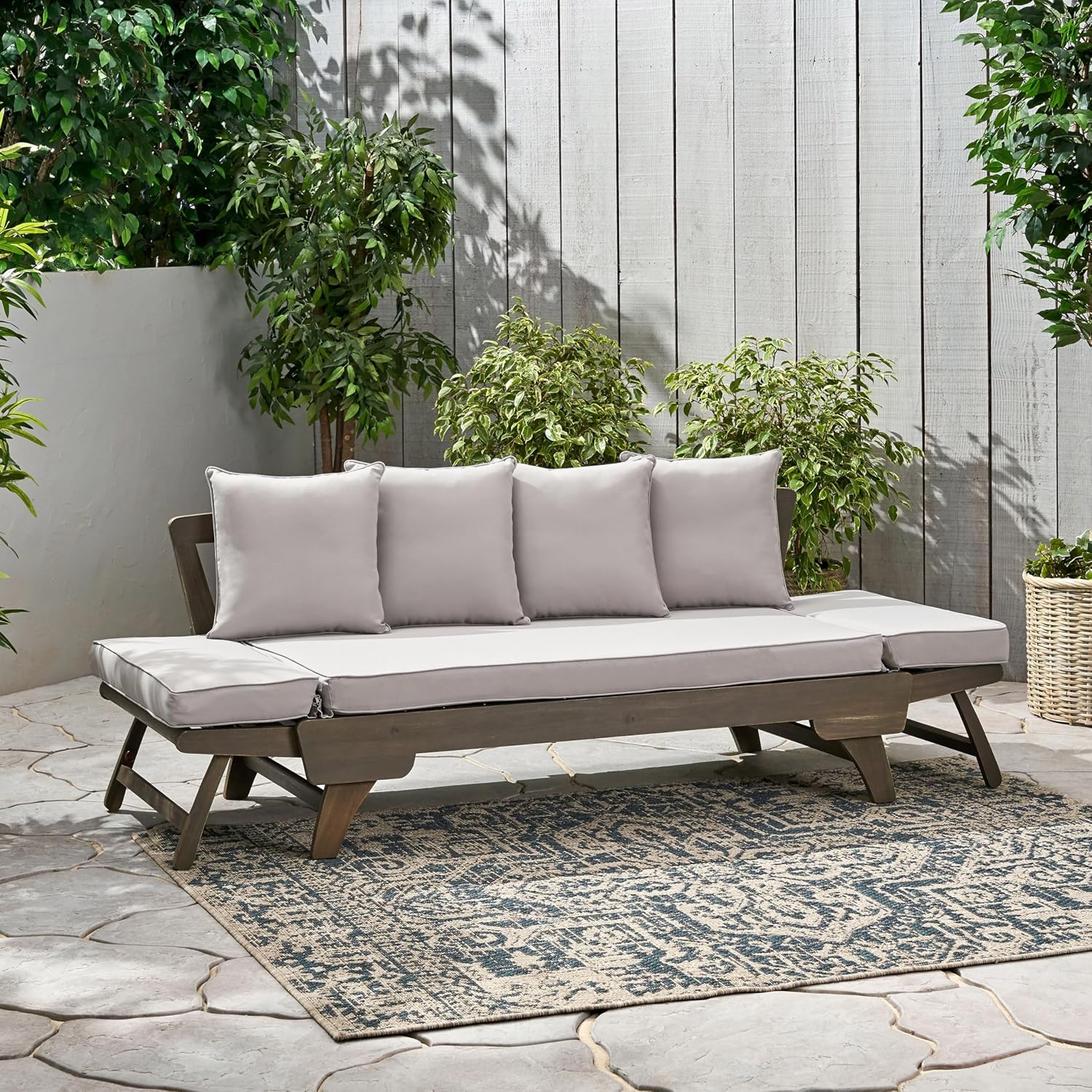 Merax Outdoor Patio Daybed Sofa,3-Seat Sofa with Foldable Arm 4 Back Pillows,Teak Acacia Wood Frame Beige Removable Cushion,Grey