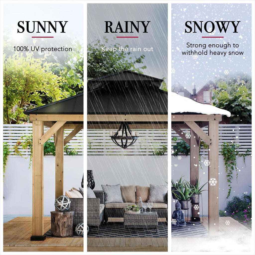 Sunjoy 11 x 11 ft. Wood Gazebo Upgrade Cedar Framed Gazebos with Black Double Steel Hardtop Roof for Garden, Backyard Shade, Matte Black Roof + Natural Wood Frame