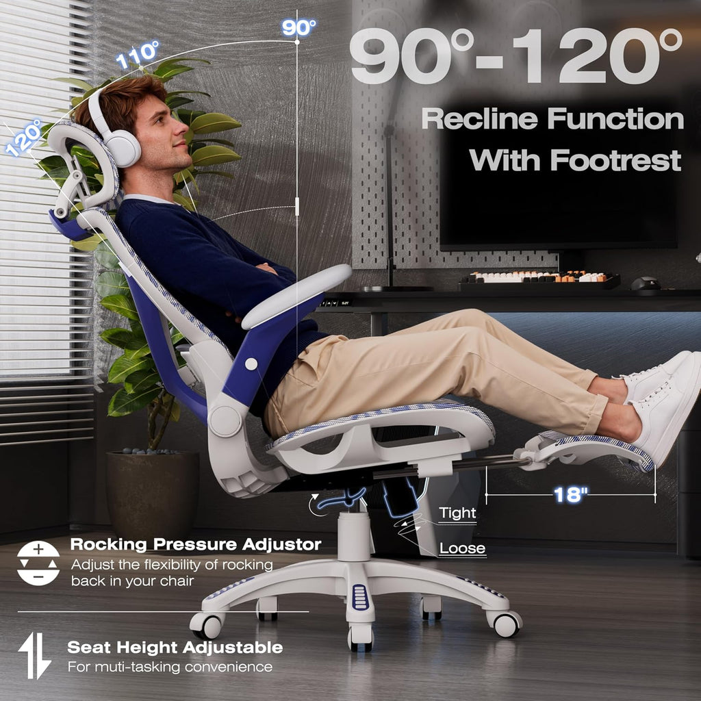 ELABEST X100 Ergonomic Mesh Office Chair with Footrest, Big and Tall Hone Desk Chair with 5D Flip-Up Arms, Adjustable 3D Lumbar Support,Gaming & Executive Computer Chairs (Cybernetic Pulse)