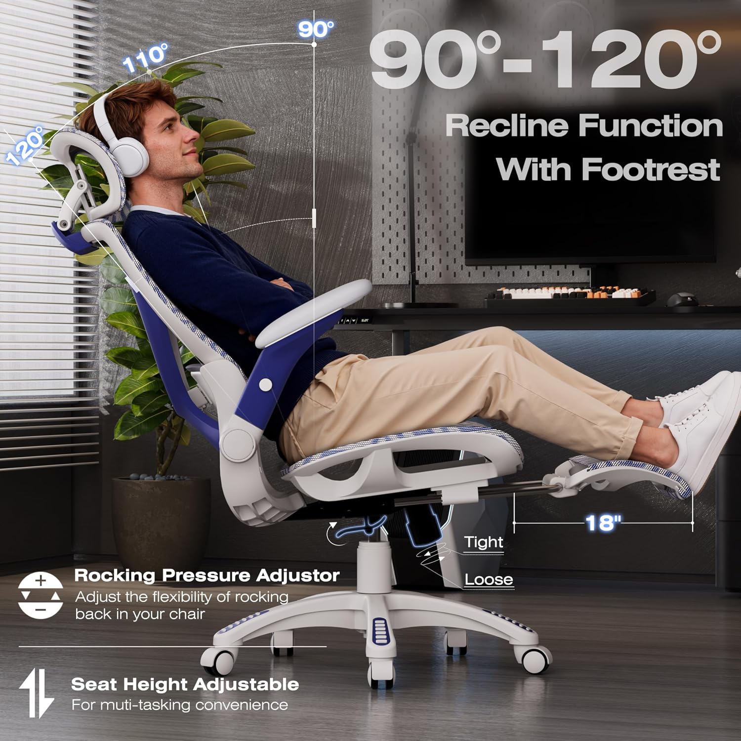 ELABEST X100 Ergonomic Mesh Office Chair with Footrest, Big and Tall Hone Desk Chair with 5D Flip-Up Arms, Adjustable 3D Lumbar Support,Gaming & Executive Computer Chairs (Cybernetic Pulse)