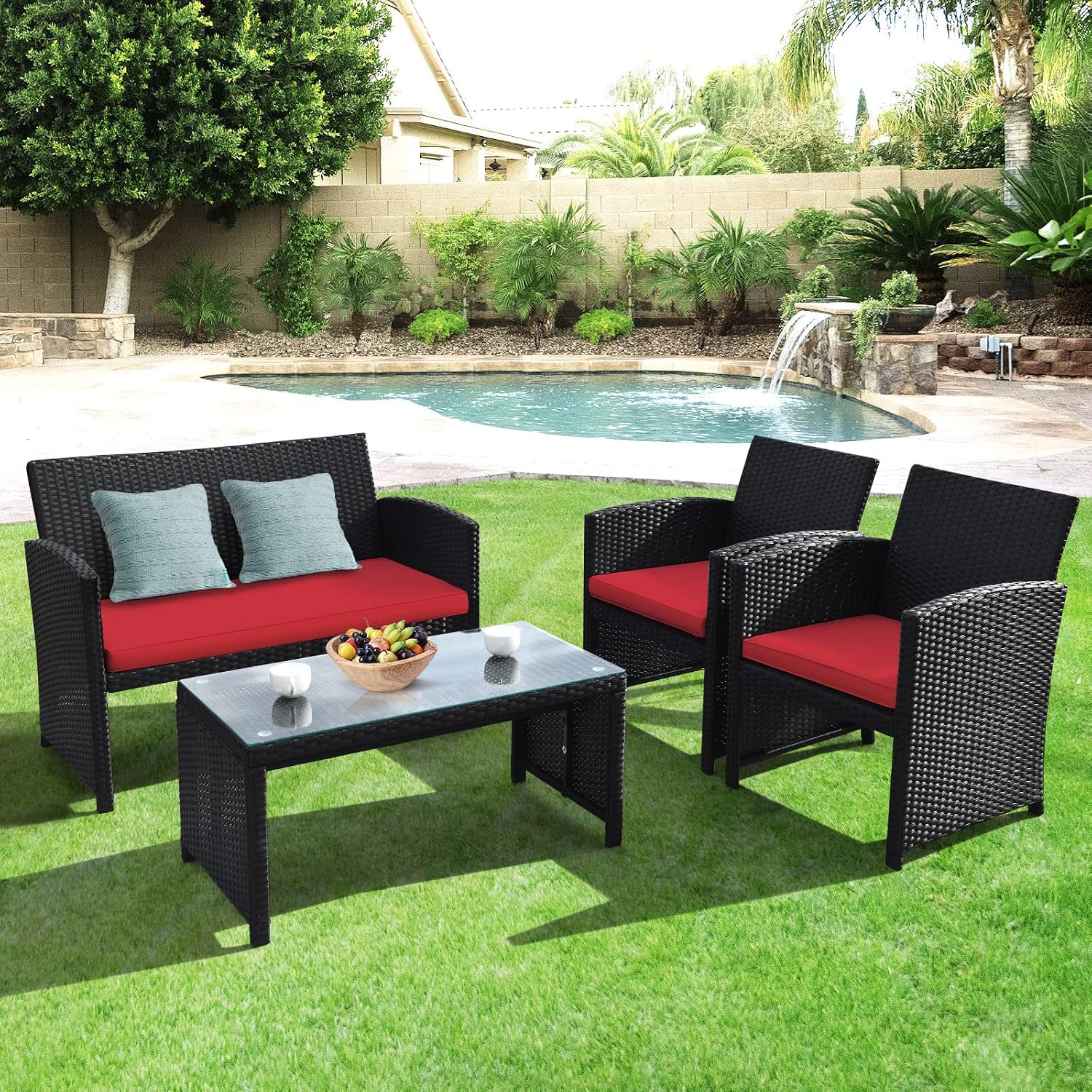 Goplus Rattan Patio Furniture Set 4 Pieces, Outdoor Wicker Conversation Sofa and Table Set with Soft Cushions & Tempered Glass Coffee Table for Balcony Garden Backyard (Red)