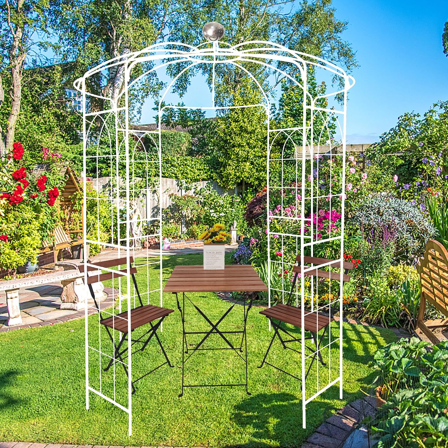 Metal Garden Trellis Arbor Arch Gazebo Birdcage Shape, Off White Pergola Pavilion fpr Climbing Plants Rack French Style Wedding Decoration Lawn