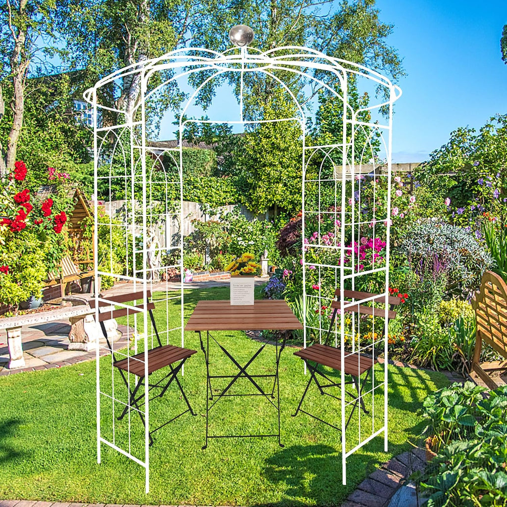 Metal Garden Arch Iron Garden Arbors Gazebo Dia81.3'' x 114.2'' High Birdcage Shape Pergola Pavilion for Wedding Ceremony Outdoor (Cream White)