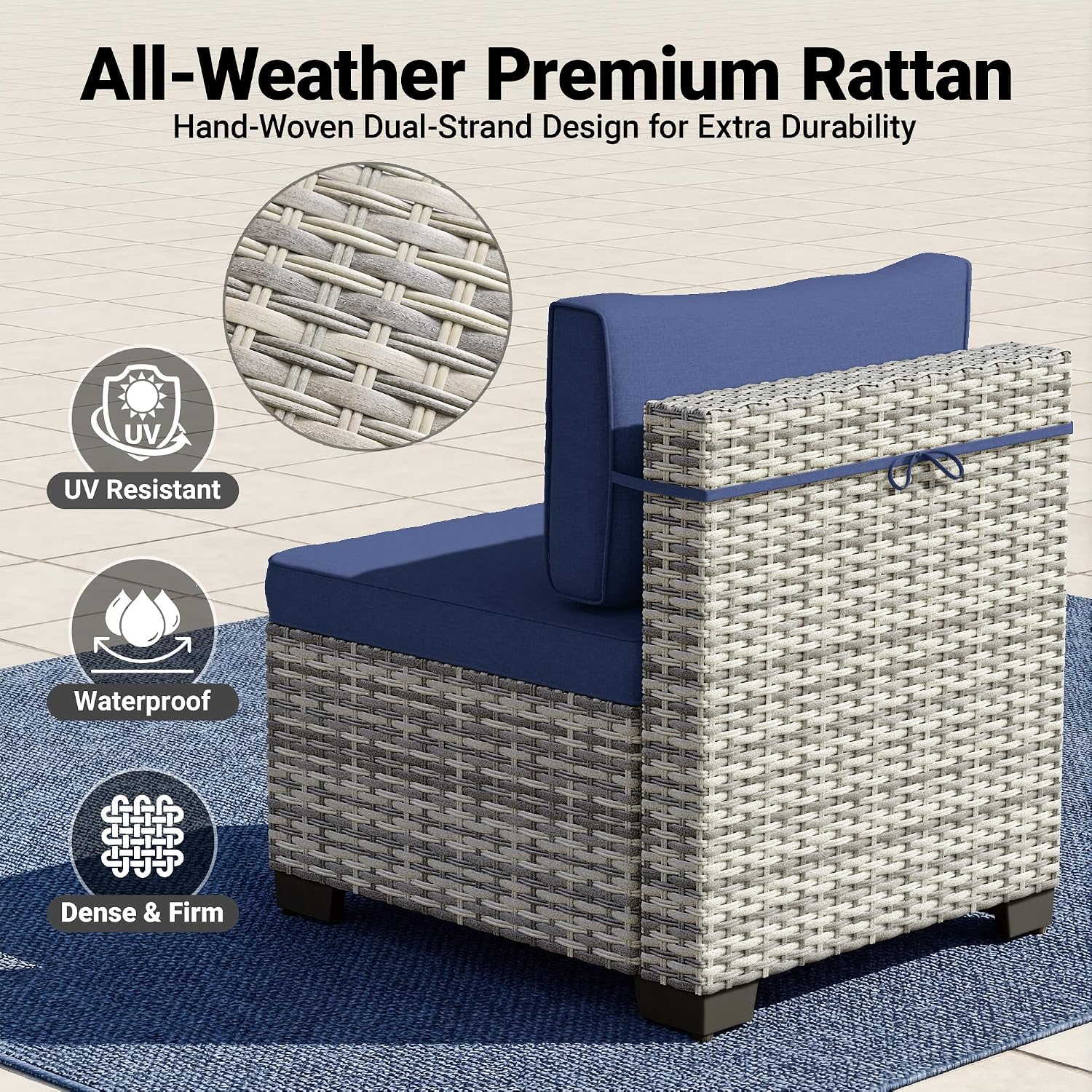 14-Piece Patio Furniture Set, Outdoor Sectional with Thick Cushions, Modular Patio Sofa, Dual-Strand Wicker Rattan, Rust-Resistant Frame, Backyard Furniture for Garden, Deck, Navy Blue