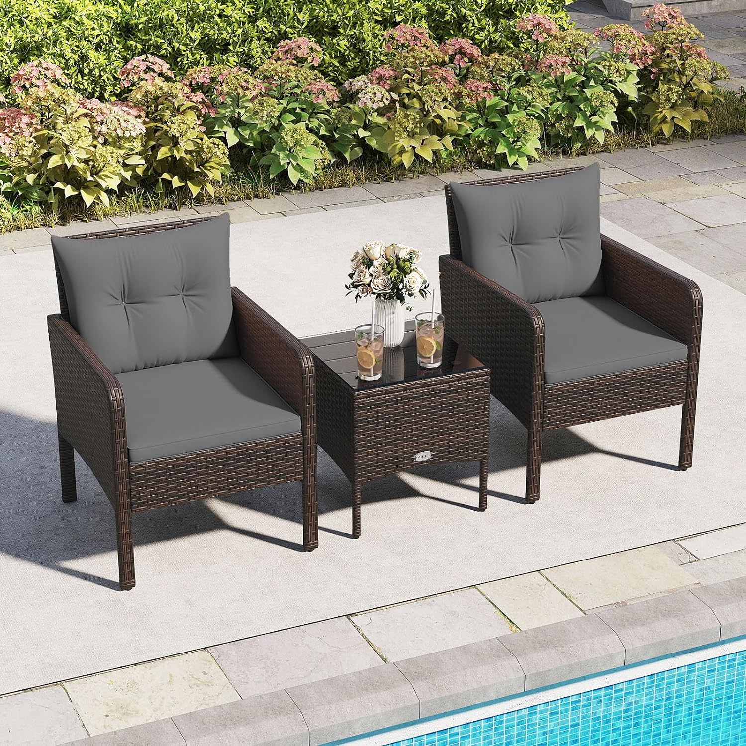 Tangkula 3 Pieces Patio PE Wicker Furniture Set, Outdoor Bistro Conversation Set with Cushions and Tempered Glass Coffee Table, Outside Rattan Table and Chairs for Porch (Gray)