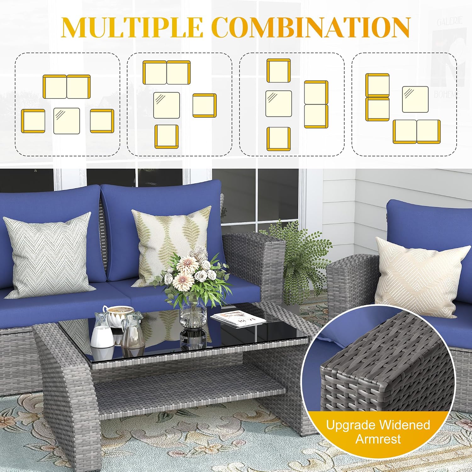 FansaFurn 4-Piece Outdoor Patio Furniture Set, All Weather Wicker Rattan Sectional Sofa Conversation Seating Set with Cushions & Large Glass Coffee Table, Ideal for Garden Backyard Porch, Blue