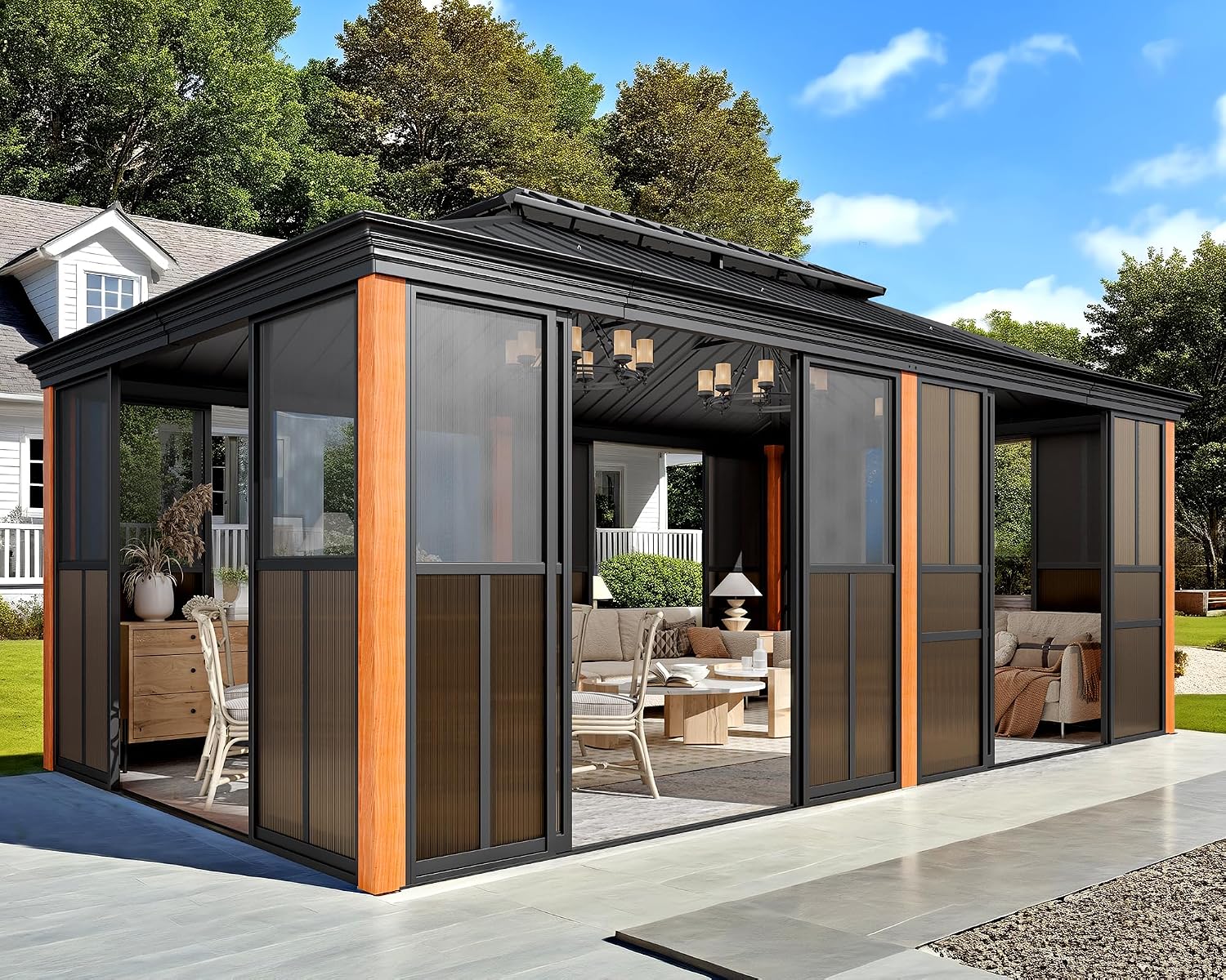 EROMMY 12' X 20' Hardtop Sunroom, Galvanized Steel Double Roof Gazebo Solarium with Wood Grain Aluminum Frame & Detachable Windows, All-Weather Sun Room for Patio Deck Backyard