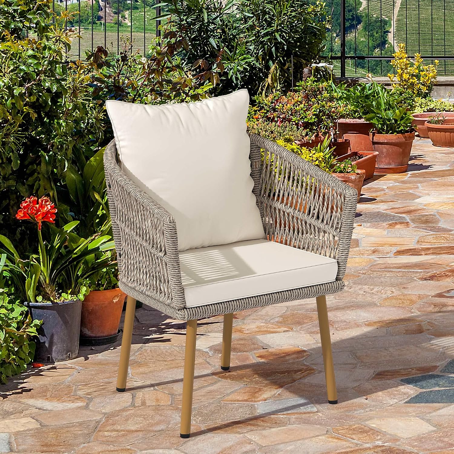 YITAHOME Outdoor Dining Single Sofa Chair, Indoor-Outdoor Wicker Bistro Chairs, PE Rattan Armchair Seating for Patio, Backyard, Poolside, Balcony - Tan