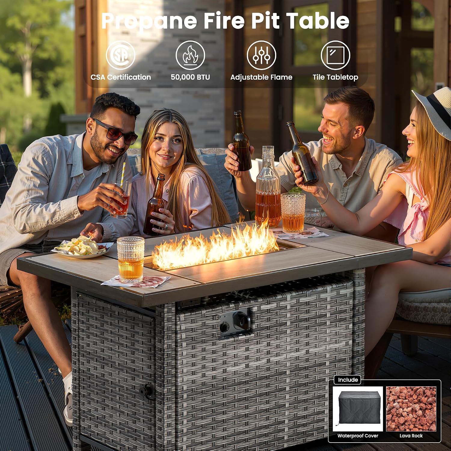 ovios 6 Pieces Patio Furniture Set with Rectangular Fire Pit Table, Swivel Rocking Chairs, Loveseat, Outdoor High Back Wicker Rattan Conversation Set for Deck Porch, Beige